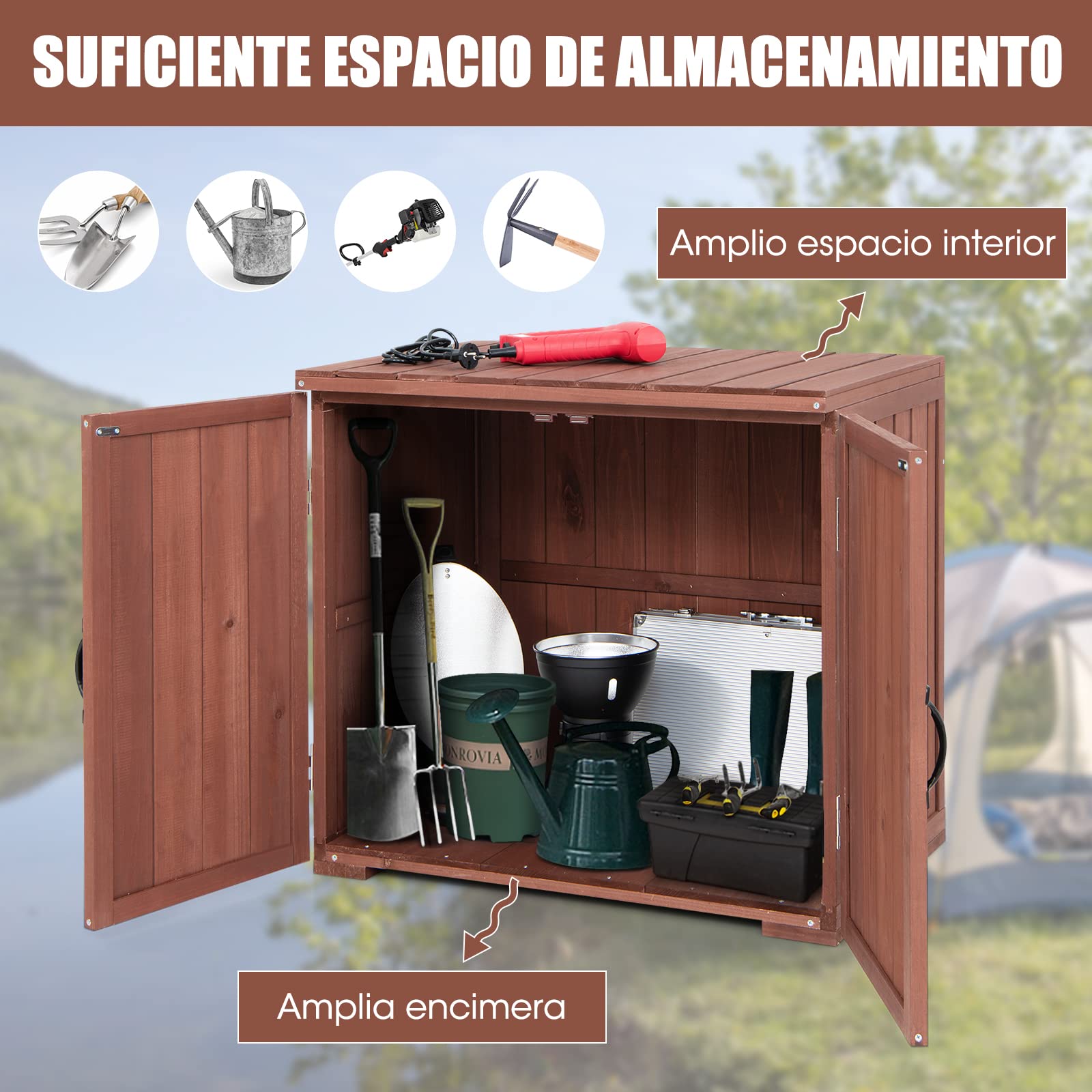 COSTWAY Armario de Almacenamiento de Madera de Abeto para Jardín, Organizador de Herramientas con 2 Puertas de Succión Magnéticas, Cobertizo con Amplio Espacio de Almacenamiento para Patio, Jardín
