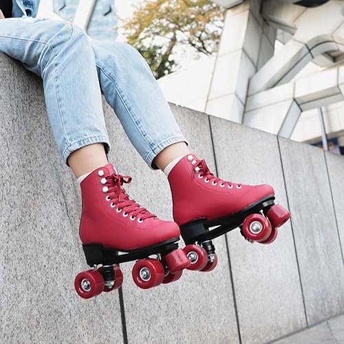 Miniatura 6 de Wiwiy Patines para mujeres y hombres, con parte superior alta de cuero, cuatro ruedas brillantes, color rojo vino, para principiantes, interiores y