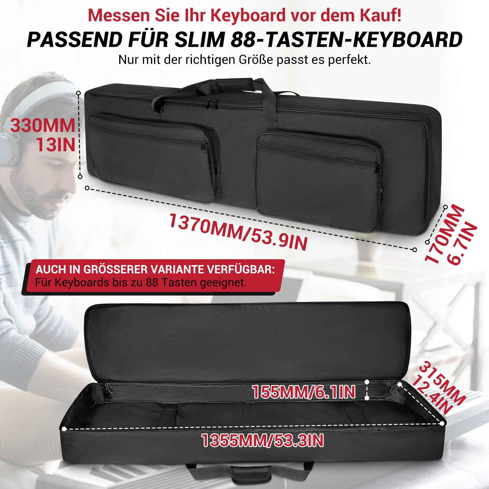 SUNDOY Housse de Transport Fine pour Clavier 88 en Tissu Oxford 600D Robuste, Rembourrage en Mousse de 8 mm, Parfait pour Le Transport de claviers, Accessoires de Musique et Plus Encore
