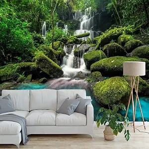 Mountain Waterfall 3D Large Wallpaper, River Rocks Wallpapers Panoramic Mural for Living Room Bedroom TV Background Hotel Bar Decor 144''Wx100''L-PVC