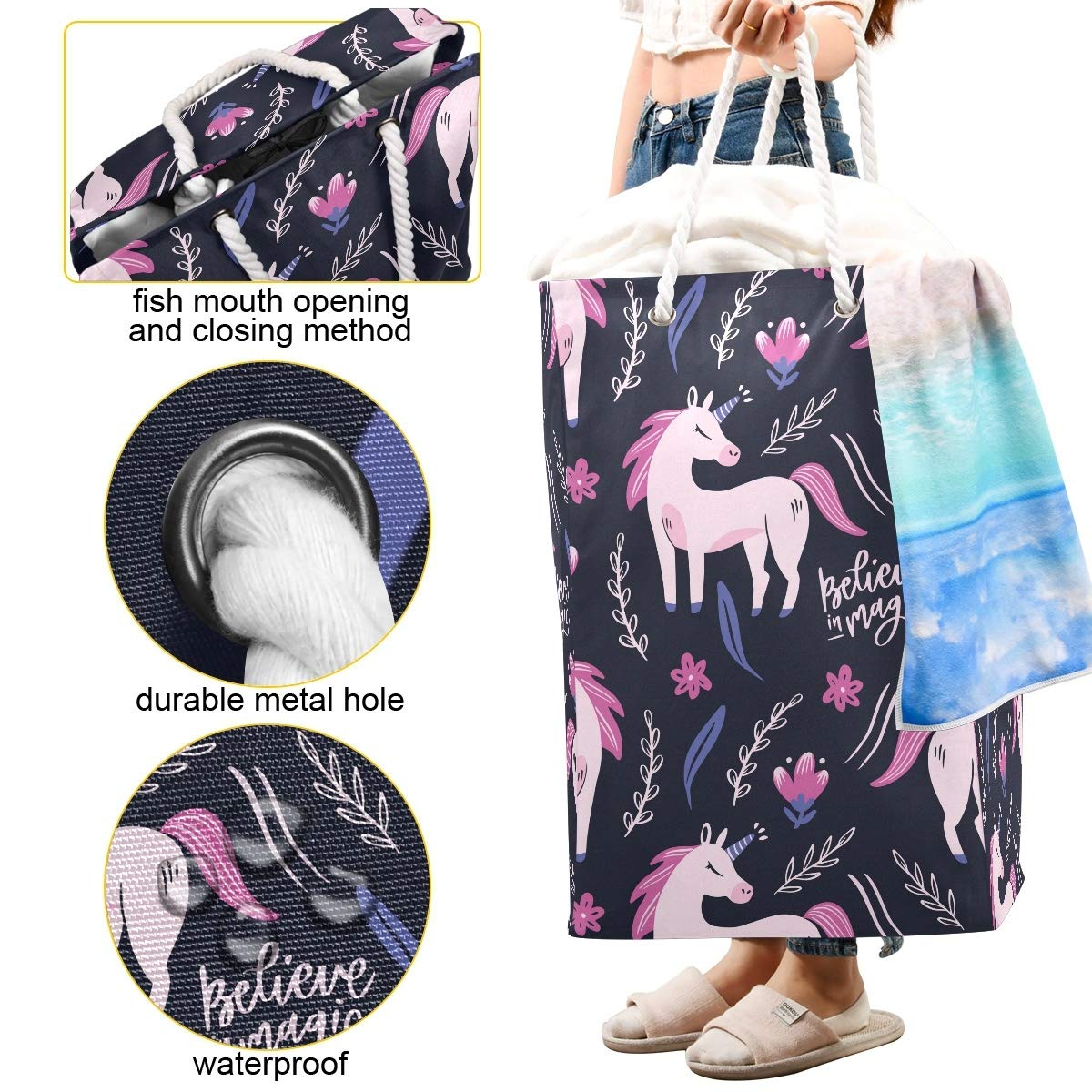 Großer Wäschesack mit Einhorn-Motiv, freistehend, faltbar, mit Tragegriffen, Pink