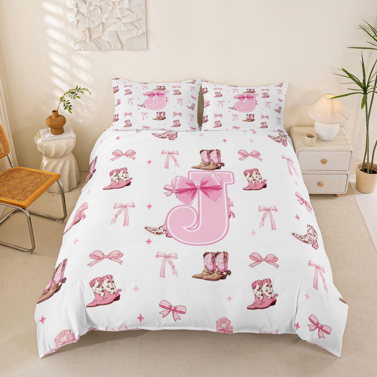 Housse de couette 220x240 rose avec noeud papillon et parure de lit en microfibre douce