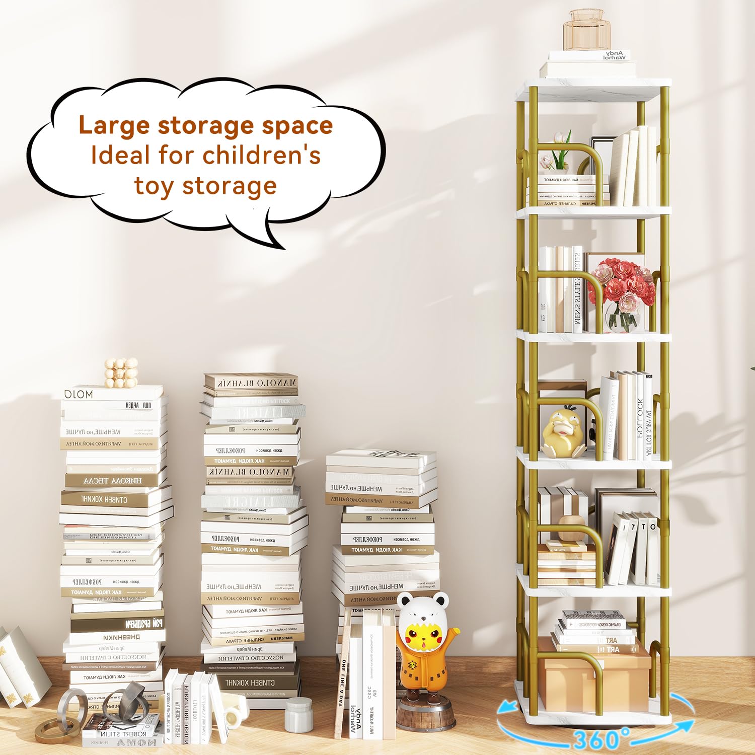 IBUYKE Librerias Girevole a 5 Ripiani,Libreria Verticale,Girevole a 360° con Display,Libreria da Pavimento,Scaffale in Piedi Multifunzionale per Camera da Letto, Soggiorno,Bianco,TBC005GW