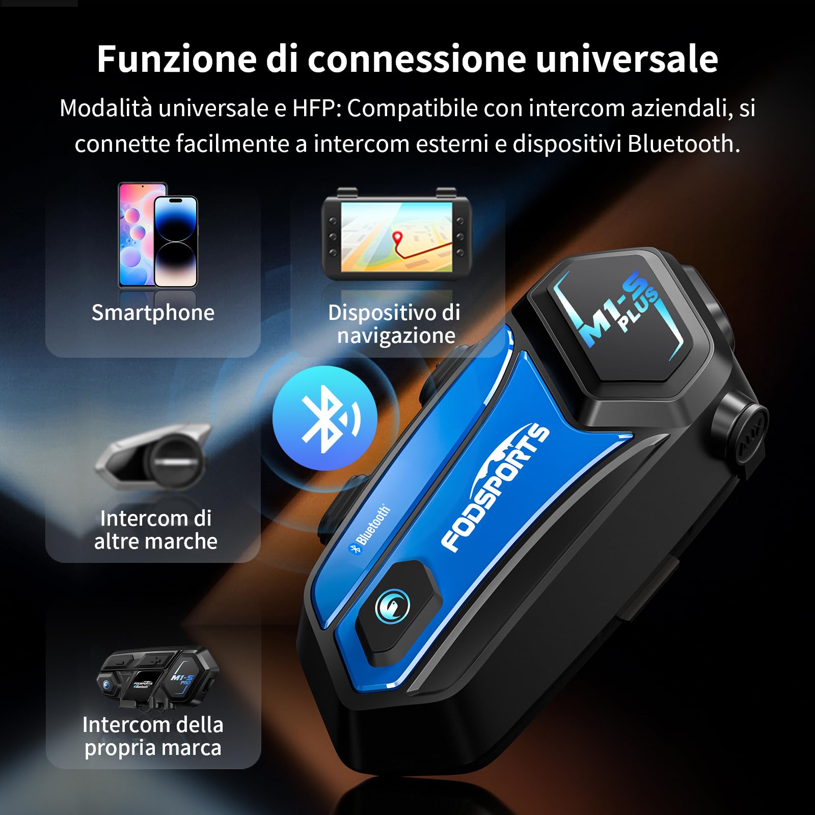 Fodsports M1-S Plus Interfono Moto con Condivisione Musica,Auricolare Casco Bluetooth Coppia,2000M Sistema di Comunicazione Casco,Fino a 10 Persone, Audio Multitasking Cablato,Universale Sciare/ATV