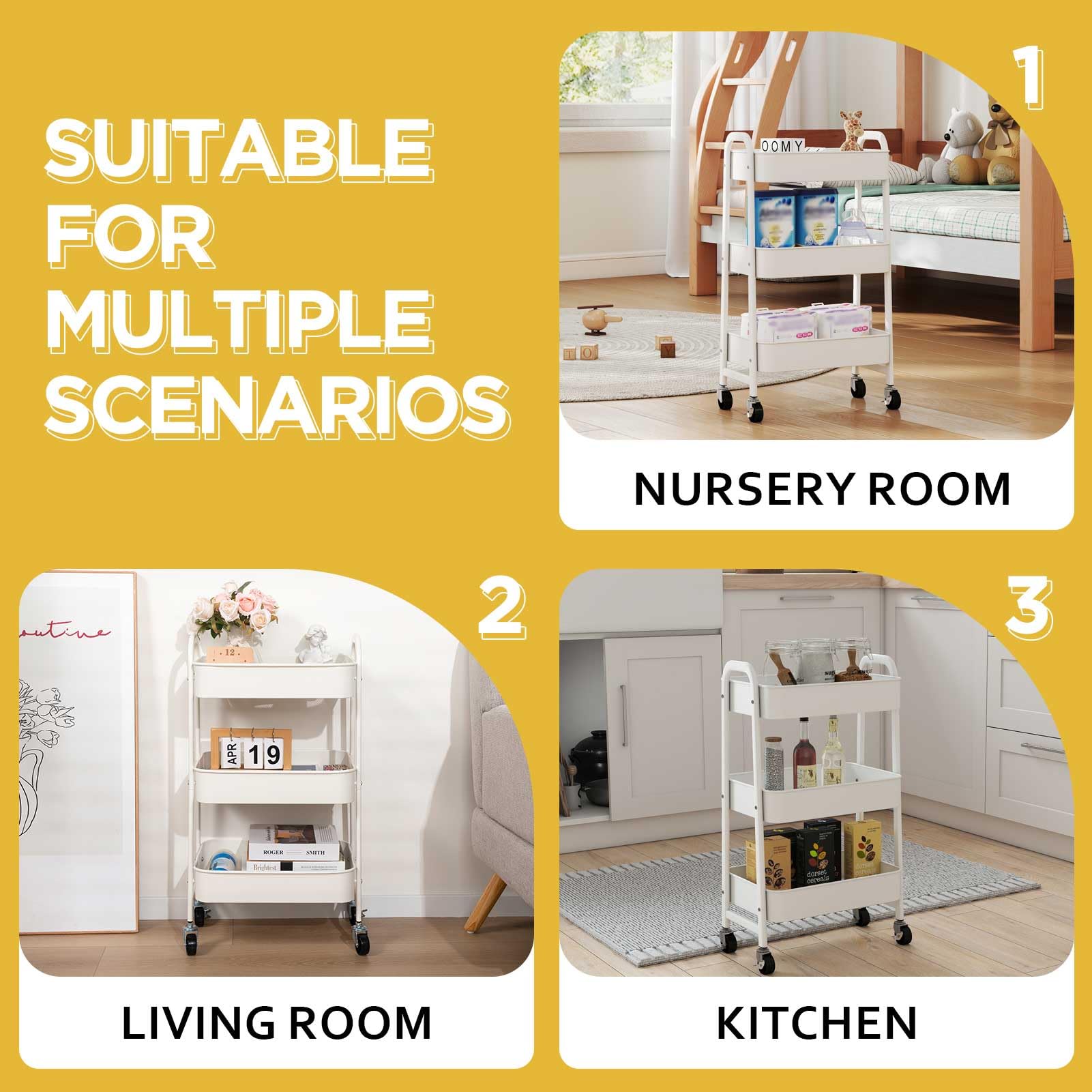 AGTEK Carrito de maquillaje organizador con ruedas, Negro, Acero inoxidable, 3 niveles, 4 ruedas giratorias con bloqueo