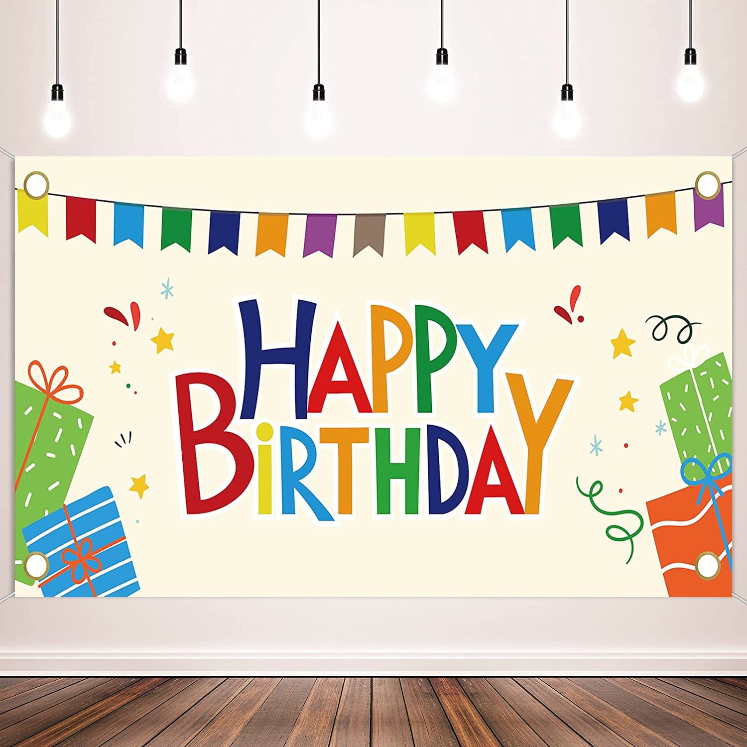 Generic Happy Birthday Backdrop Large Colorful Banners Gift Boxes Stars Sign Photo Background for Children Men Women Birthday Party Decorations