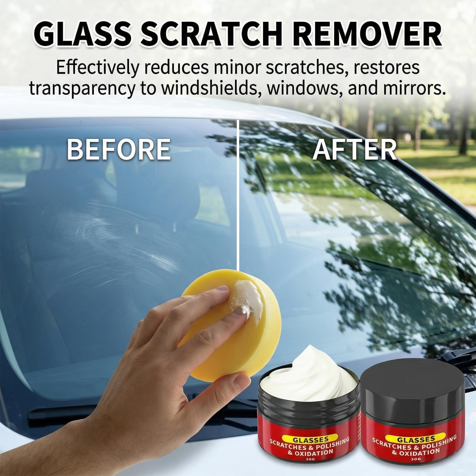Glass Scratch Remover Kit, 2 Pcs Windscreen Scratch Remover for Glass Polish, 30g/1.05oz Glass Emulsion for Car Scratch Remover with Sponges for Windscreen Mirrors Windows Scratch - 5
