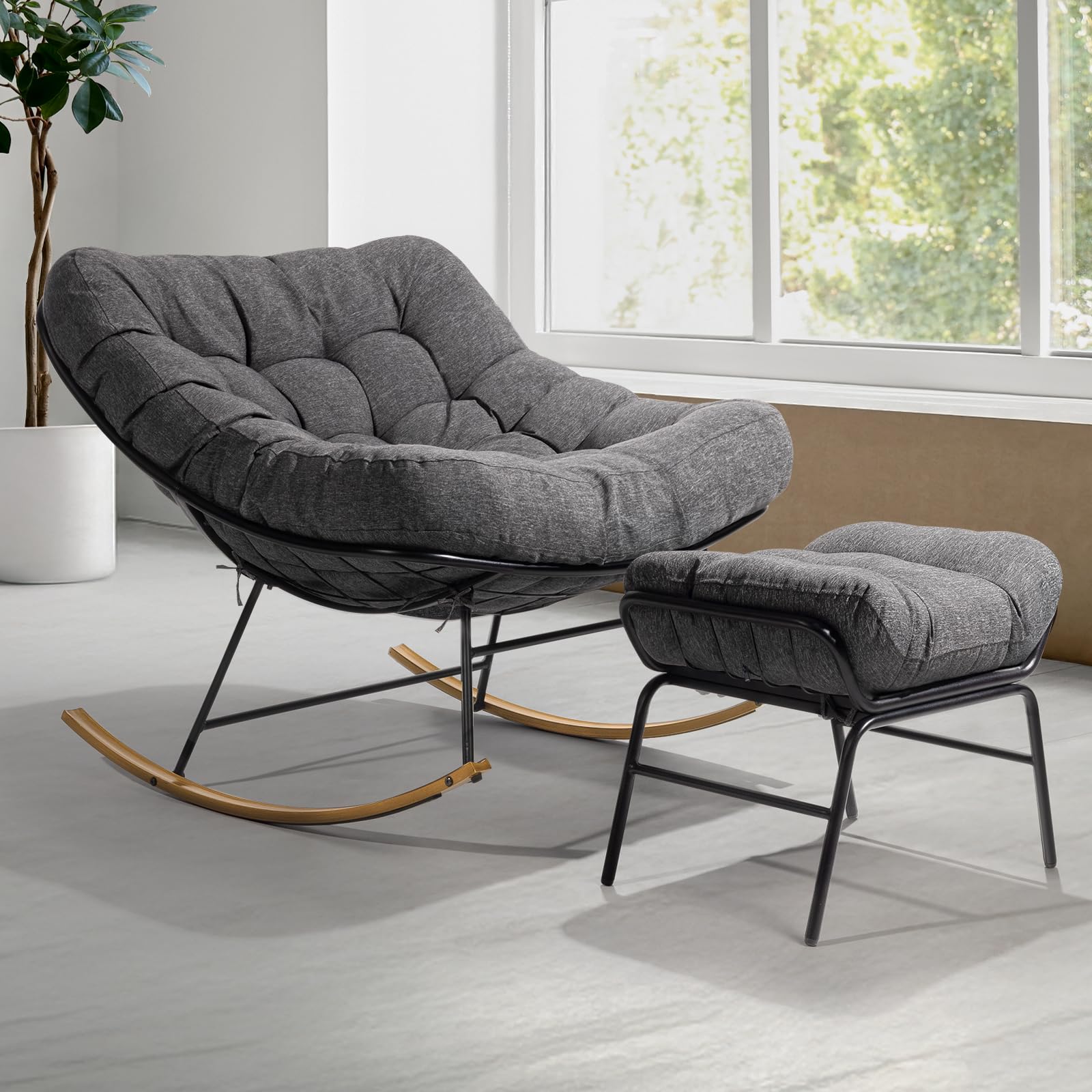 Bme Patio Rocking Chair Outdoor & Indoor, Metal Patio Lounge Rocking Chair with Thick Cushion, Comfy Modern Rocker Chair for Living Room, Porch,