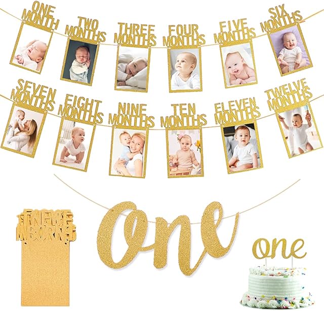KISPATTI 1st Birthday Decorations, 1st Birthday Photo Banner Gold 1 to 12 Months Photo Banner One Banner One Cake Topper for Boys Girls Birthday Baby Shower Party Decorations