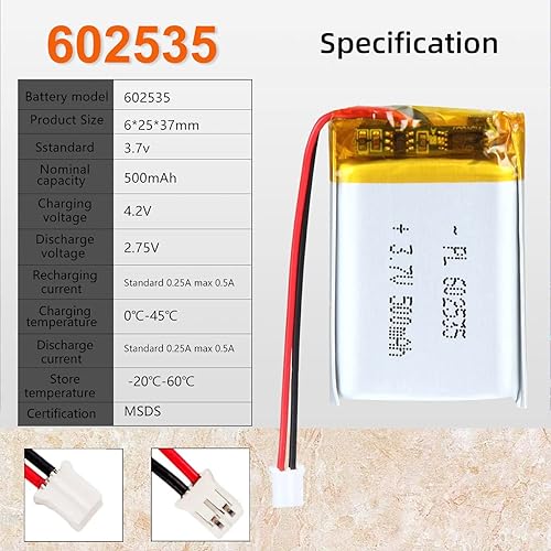 Miniatura 3 de 3.7V 500mAh 602535 Lipo Rechargeable ion Pack with PH2.0mm JST Connector 1pcs
