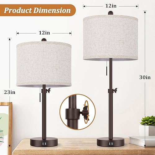 Miniatura 2 de Modern Brown Table Lamps Set of 2, 23-30 Adjustable Bedroom Lamps with 2 USB Ports, Living Room Lamp Set with Cream Linen Shade, Industrial Desk