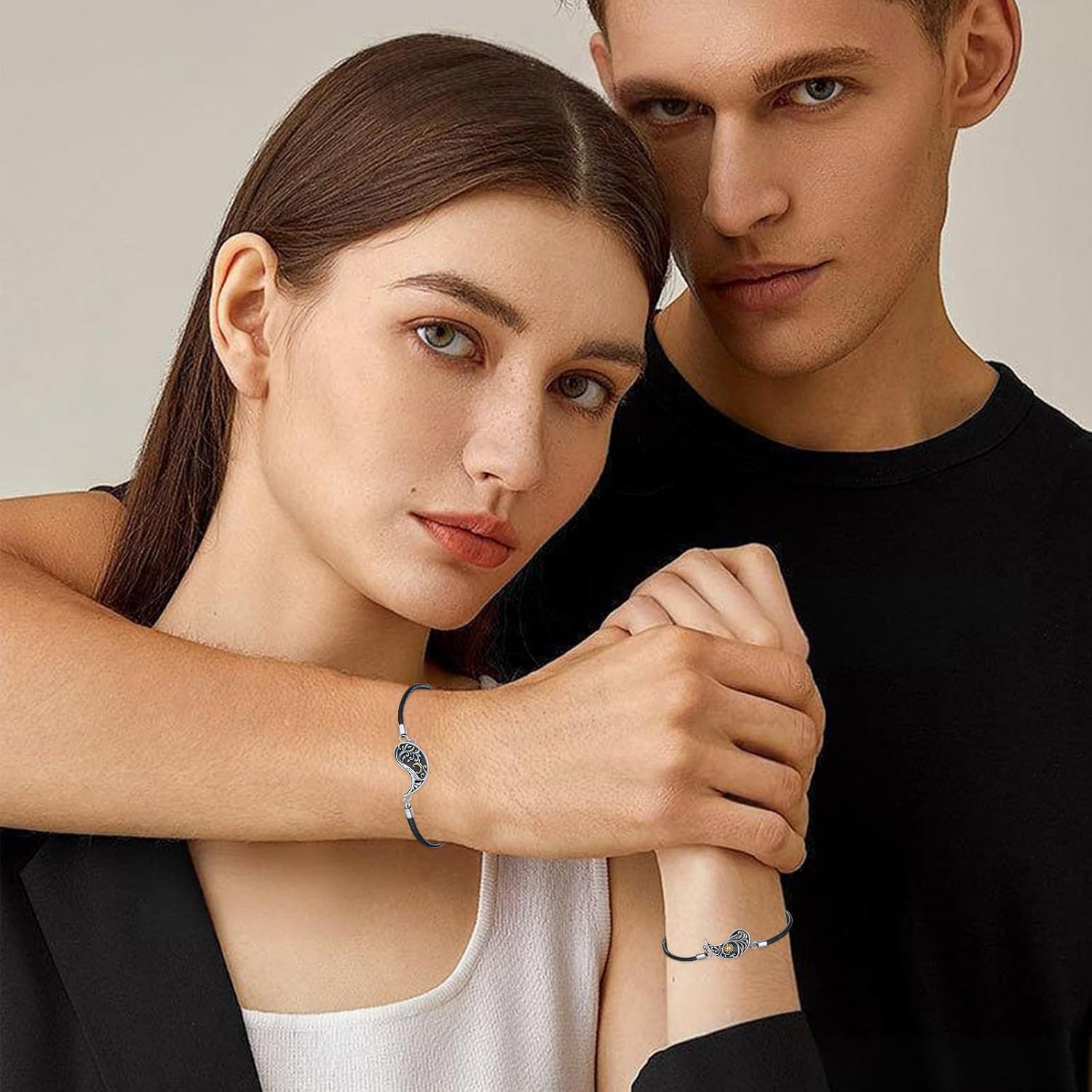 Yin Yang Bracelet 925 Sterling Silver Couple Friendship Bracelets Tree of Life/Sun Moon/Mountain/Lotus Abalone Jewelry for Women Men Couples, Leather Cord 7+2 in - Image 2