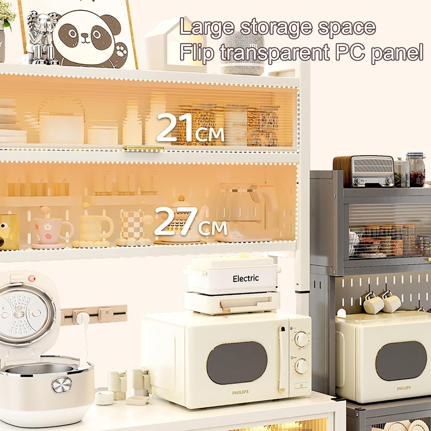 Stylish Coffee Bar Cabinet & Microwave Stand with Transparent Flip Switch Door, DIY Backplane, Rolling Brake Casters for Kitchen, Dining Room & Living Room - Perfect Bakers Rack Solution!