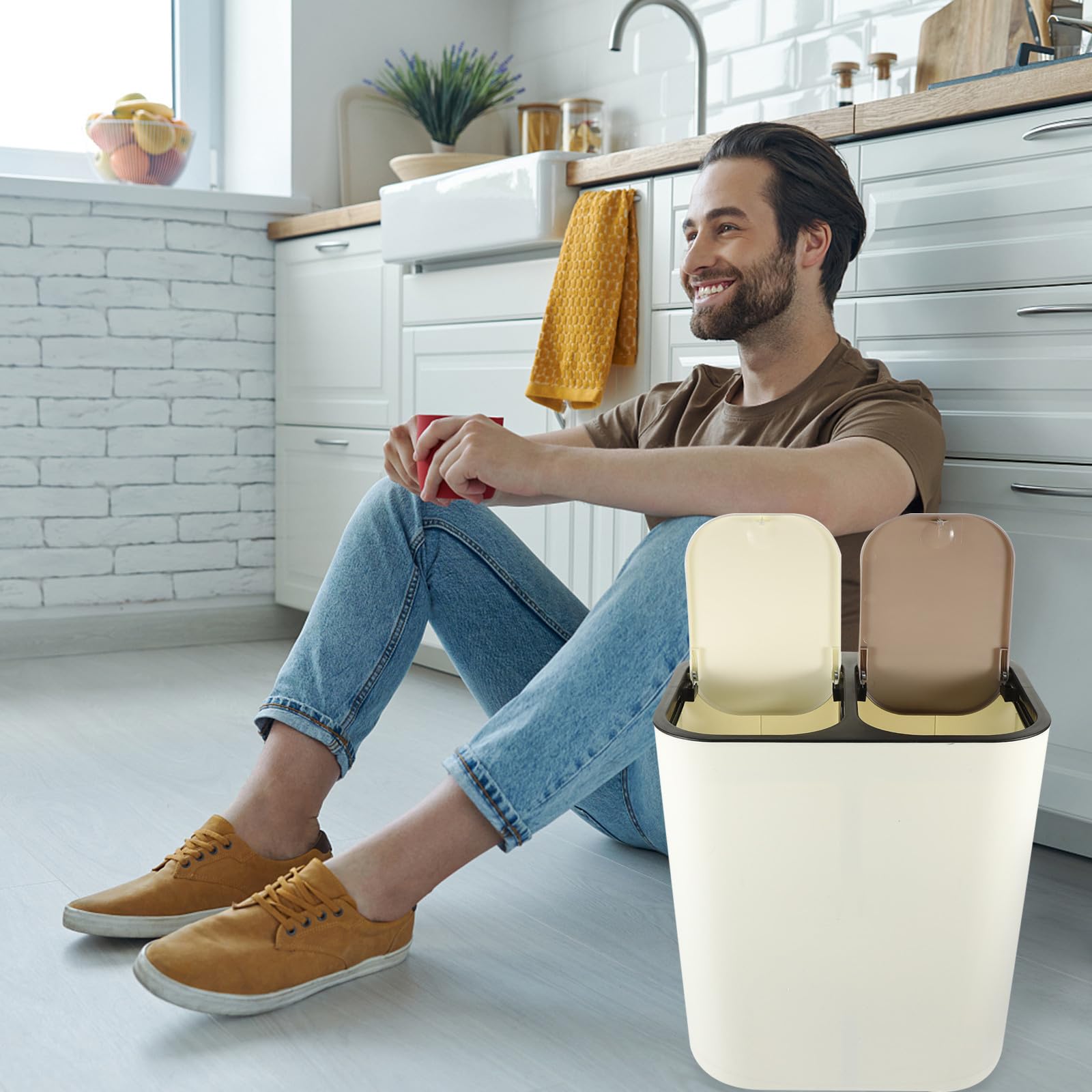 GANAZONO Doble Compartimento de Pp Blanco Diseño Simple y Versátil para Cocina y Hogar Tapa y Función de Pulsador
