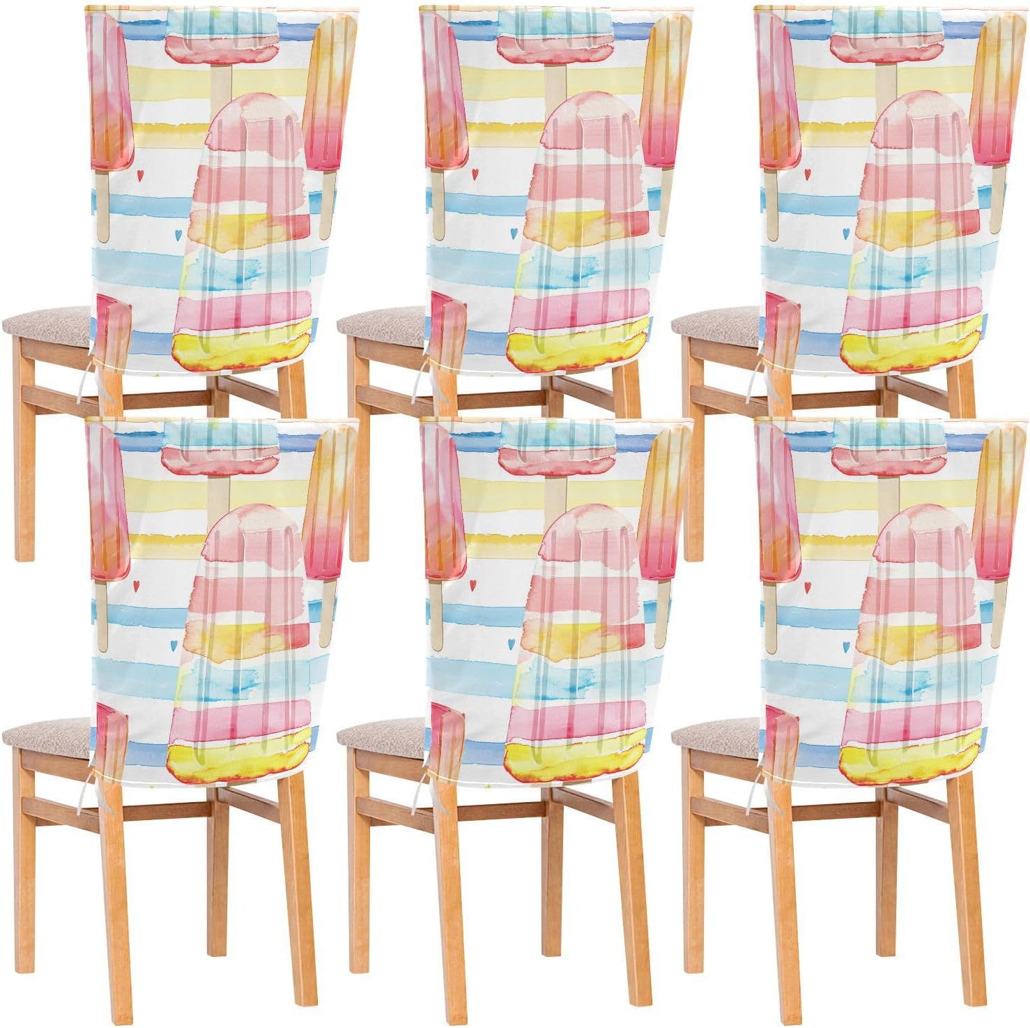 ALAZA Cute Ice Cream Colourful Summer Striped Chair Back Cover Set of 6, Washable Reusable Removable Chair Slipcovers Decorative Chair Cover for Home Kitchen Wedding Party
