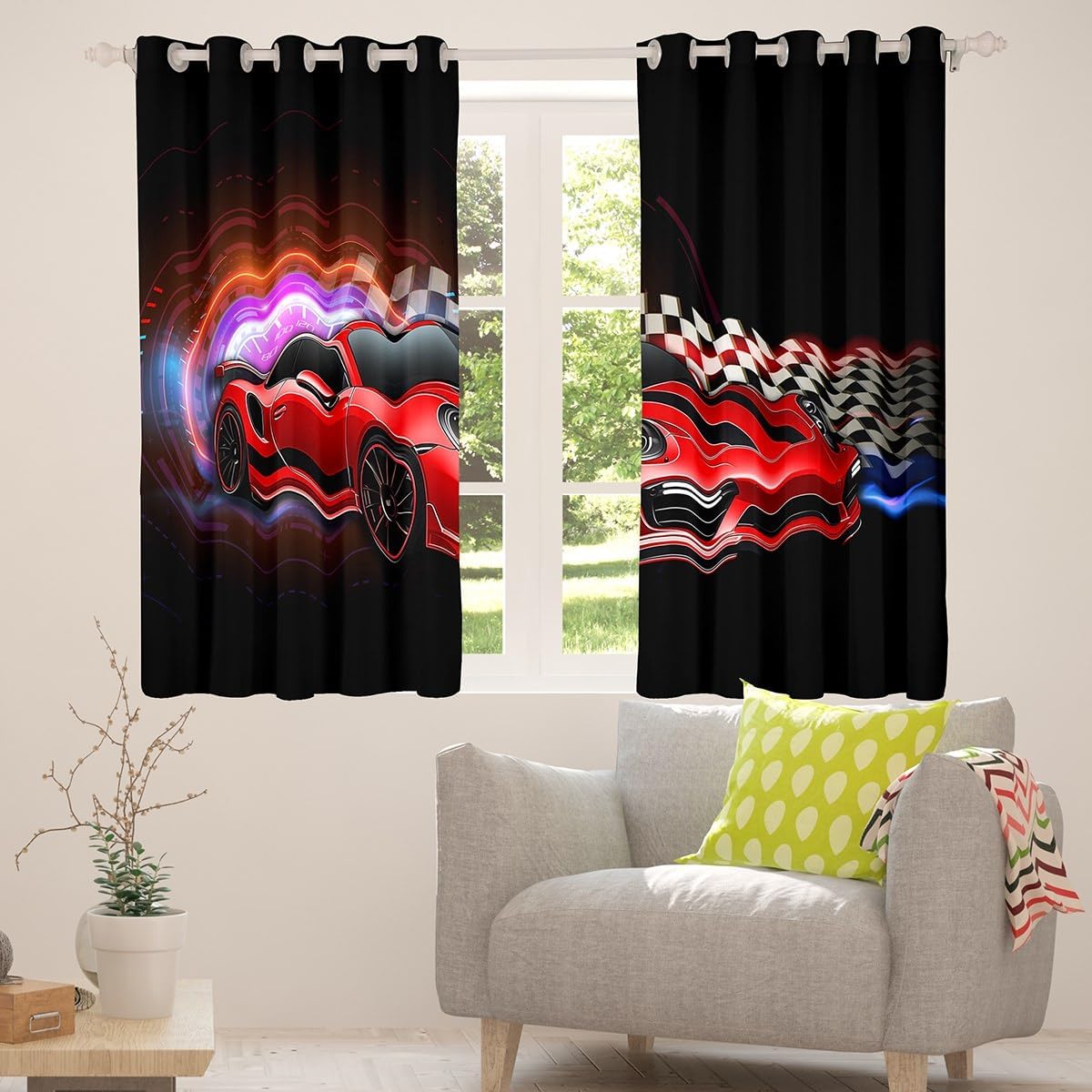 Racing Car Curtains for Living Room,Extreme Sport Window Drapes Bedroom Blackout 30%-50%,Cool Red Race Car Window Treatment Grommet Top 2 Panels Decor,38Wx45L
