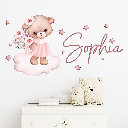 Miniatura 4 de WM731 - Calcomanía de pared con nombre personalizado con oso de peluche, decoración de guardería extraíble personalizada para niña bebé, mural de