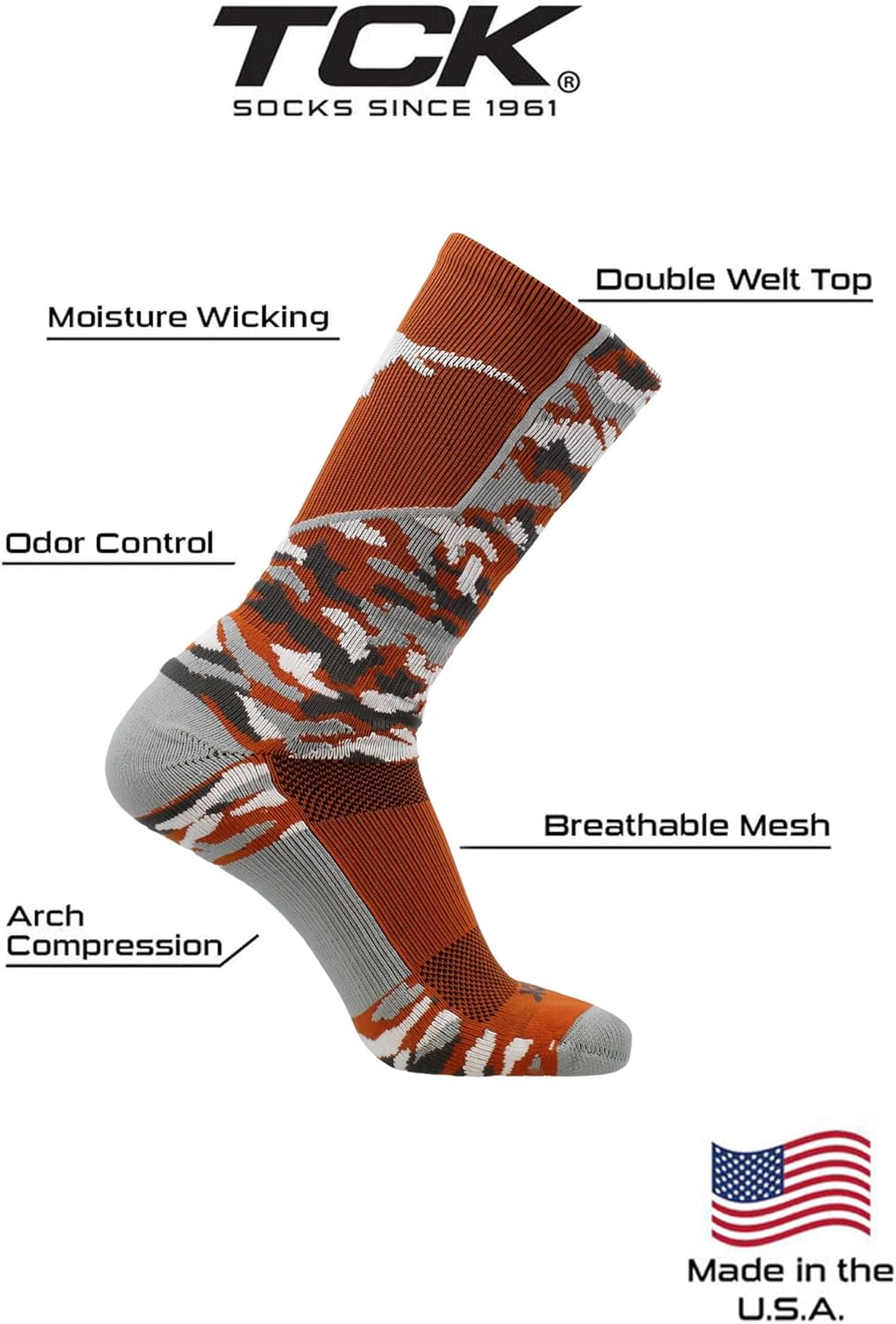 TCK NCAA Woodland Camo Crew Socks – Officially Licensed Collegiate Fan Gear – Durable Cushioned Moisture Wicking Socks - Image 4