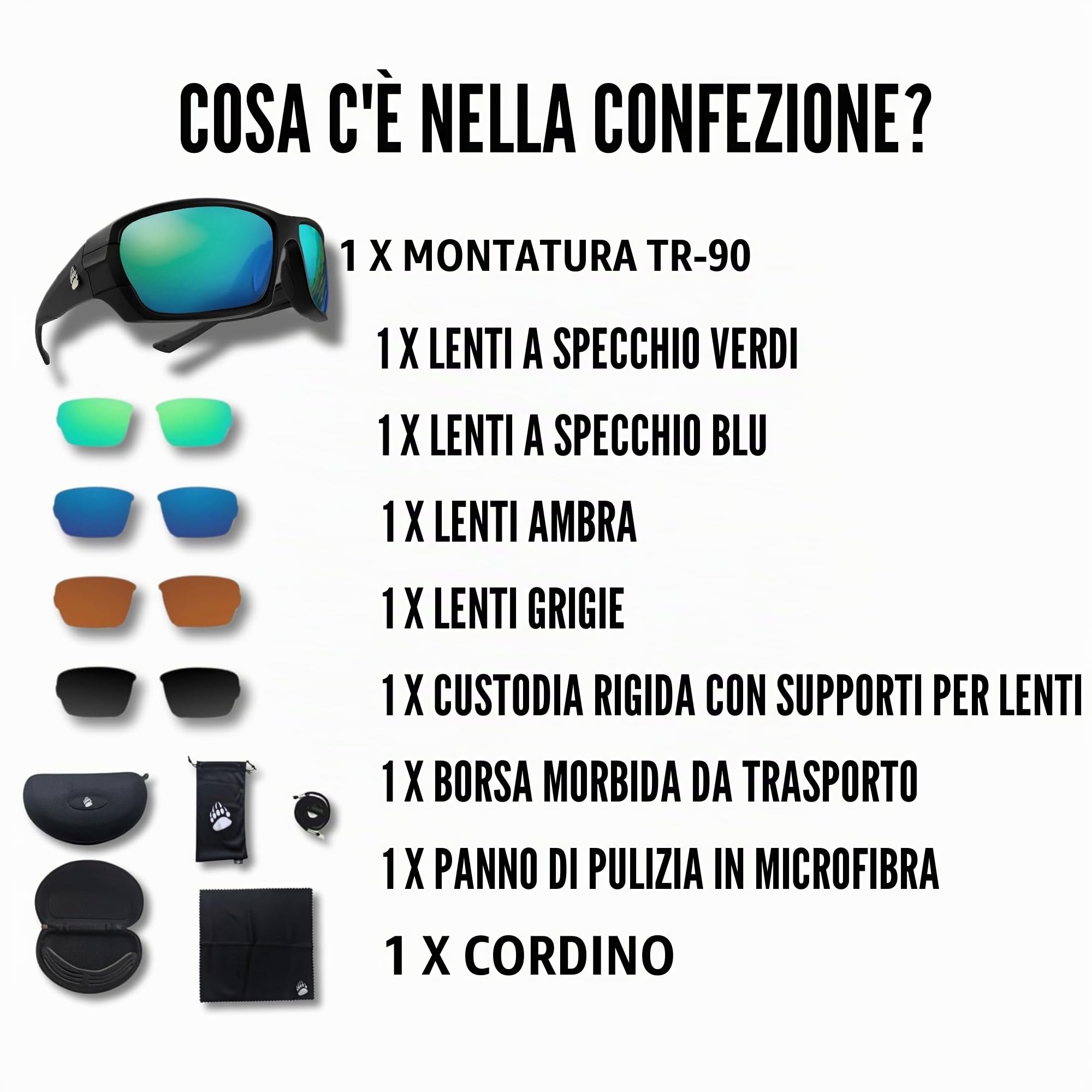Pro Kit di occhiali da pesca, occhiali da sole polarizzati con 4 lenti per una chiara visibilità in acque offshore e poco profonde, protezione per gli occhi, nero