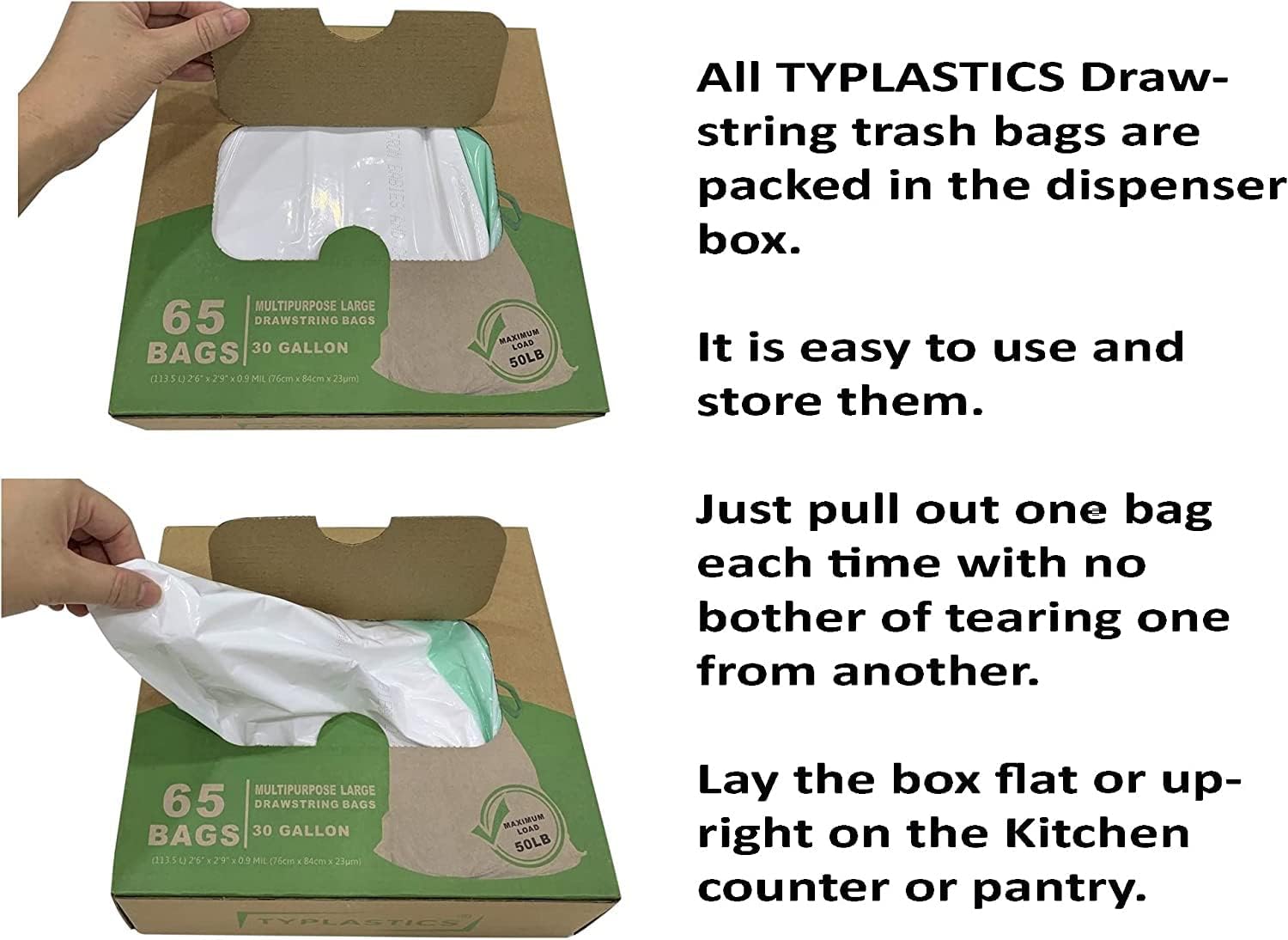 TYPLASTICS Drawstring Trash Bags, 30 Gallon Multipurposes Heavy Duty Garbage Bags, 65 Count