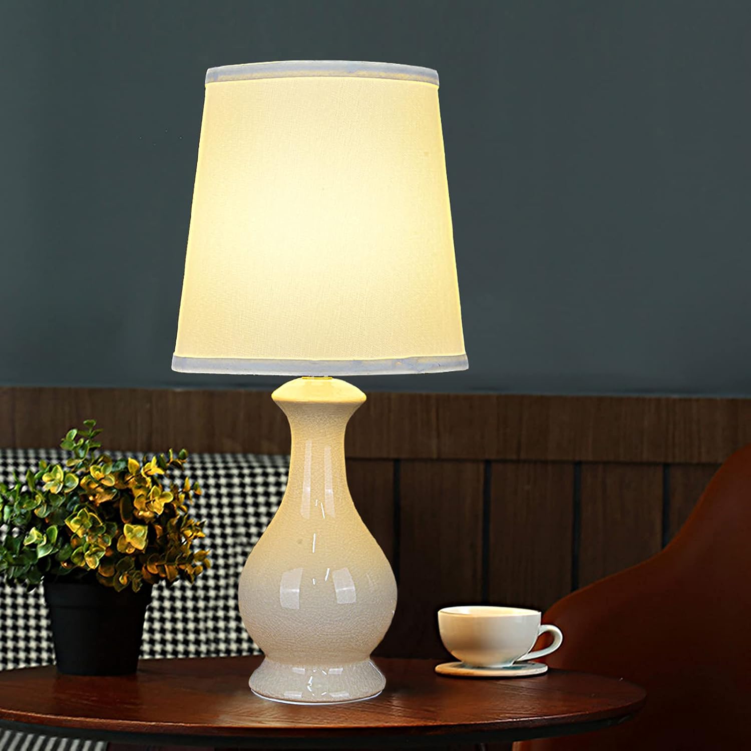 🔥 Crazy Deals Modern Ceramic Table Lamp for Living Room Bedrooms Bedside Table,TEBLAMPUE Gourd Nightstand Lamp with Cream White Drum Fabric Shade 21 Inches