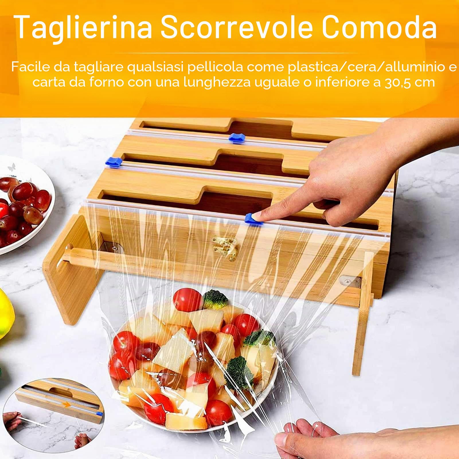 Dispenser e taglierina 4 in 1 per pellicola trasparente, pellicola trasparente, foglio di alluminio e carta cerata, organizer da cucina per 12 rotoli, compatibile con cassetti da parete, porta rotolo
