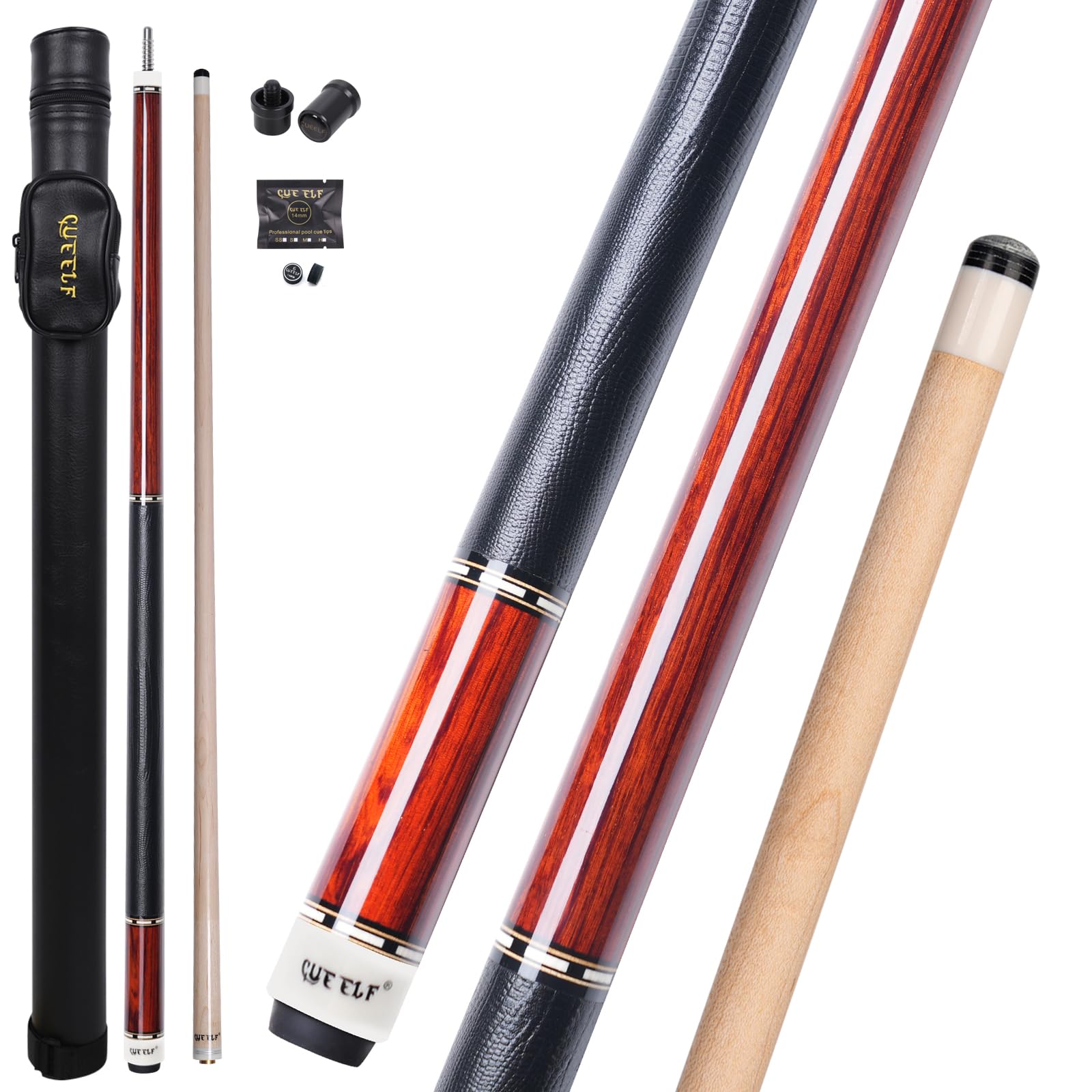 CUEELF Pool Cue Stick Low Deflection Hand-Made Inlay Billiard Cue 58” Professional Billiard Pool Cue Stick for Adults-12.5mm Tip,3/8 * 8 Joint (WD-SM-HONGMU)