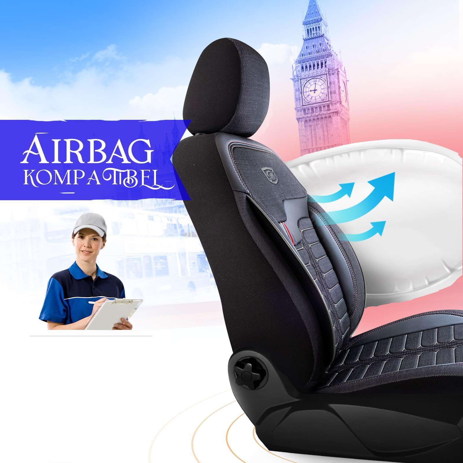 Fundas de asiento de coche universales – Accesorios para el interior de coches y SUV – Jacquard – Funda de asiento para coche, compatible con airbag, negro y gris, incluye kit de