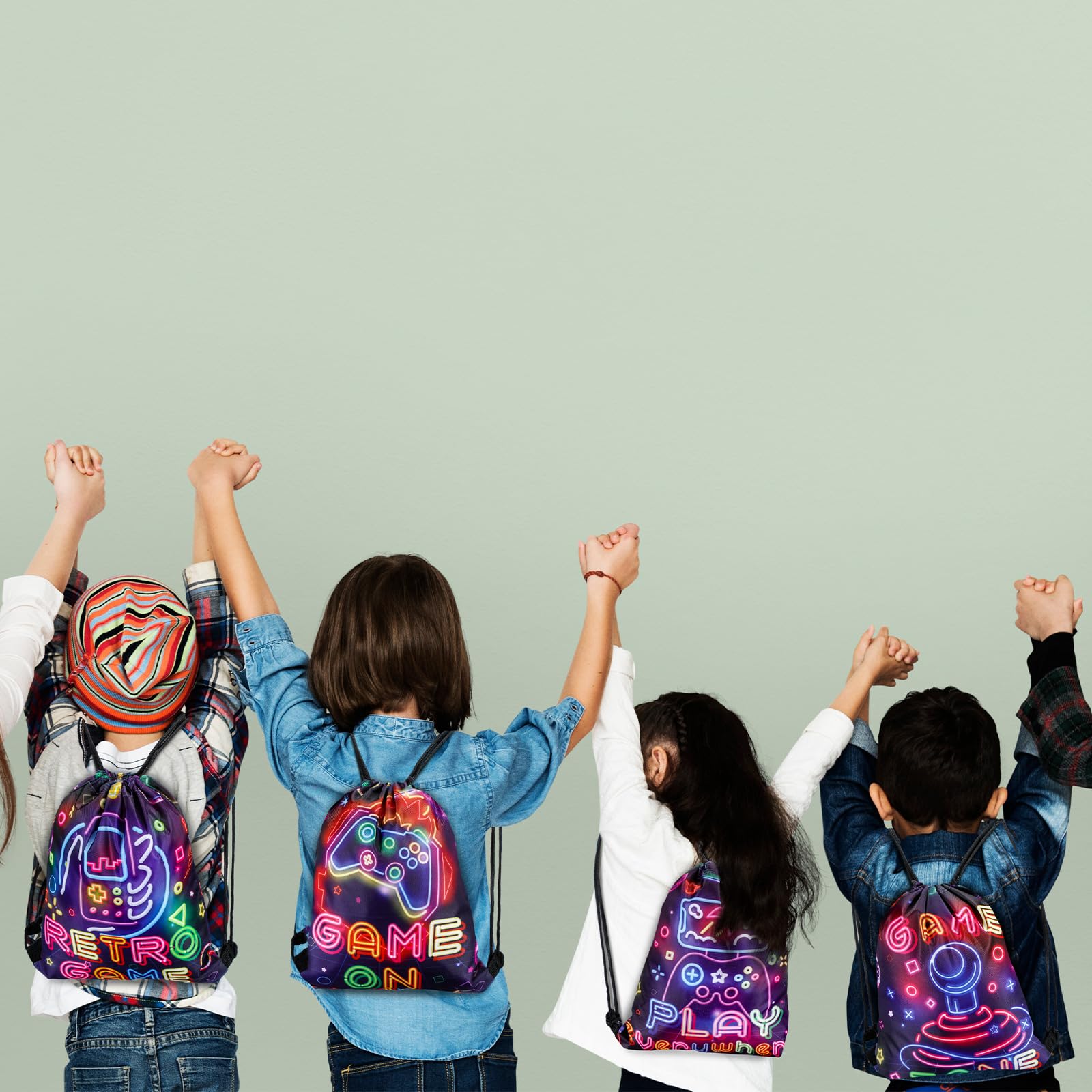 Huhumy 16 bolsas de recuerdo de fiesta de videojuegos, bolsas de cordón de neón de 12 x 10 pulgadas para niños y niñas, juego temático, suministros de fiesta, regalos, bolsas de dulces para fiestas de