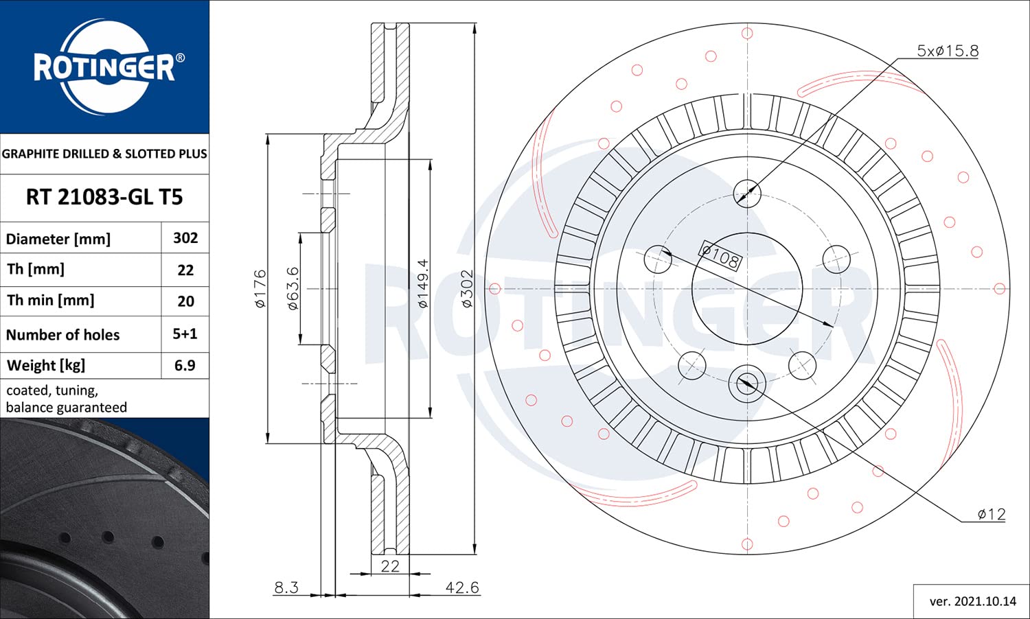 Dischi Freno ROTINGER Posteriori Set Da 2 Con Anticorrosione - RT 12078-GL T5 - 300mm Per Auto, Compatibili Con Originali
