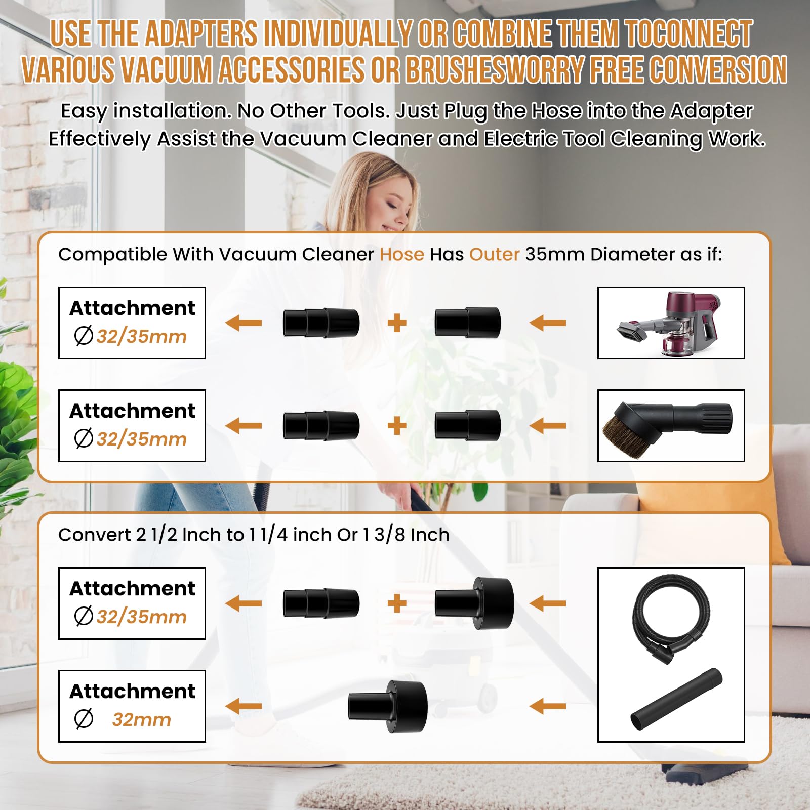 Kit de 3 adaptadores universales de manguera de vacío, adaptadores de varios tamaños (2-1/2 pulgadas a 1-1/4 pulgadas, 1-1/4 pulgadas a 1-3/8 pulgadas a 1-1/2 pulgadas, 1-3/8 pulgadas a 1-1/4