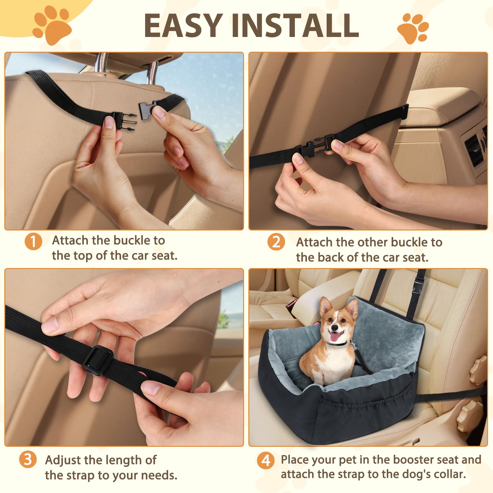 Lannvan Siege Auto Chien, Antidérapant Siege Chien Voiture avec Détachable et Lavable Coussin, Siège Auto pour Chien Chat Petite Taille avec Laisse de Sécurité et Poches de Rangement Latérales, Noir