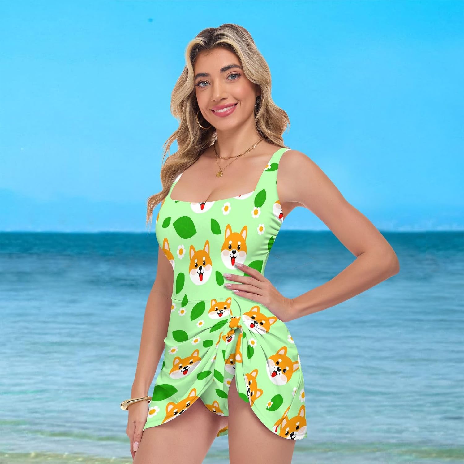 Cute Corgi Dog Flowers Floral Green Women's One Piece Swimsuits Tummy Control Bathing Suits S A2301886