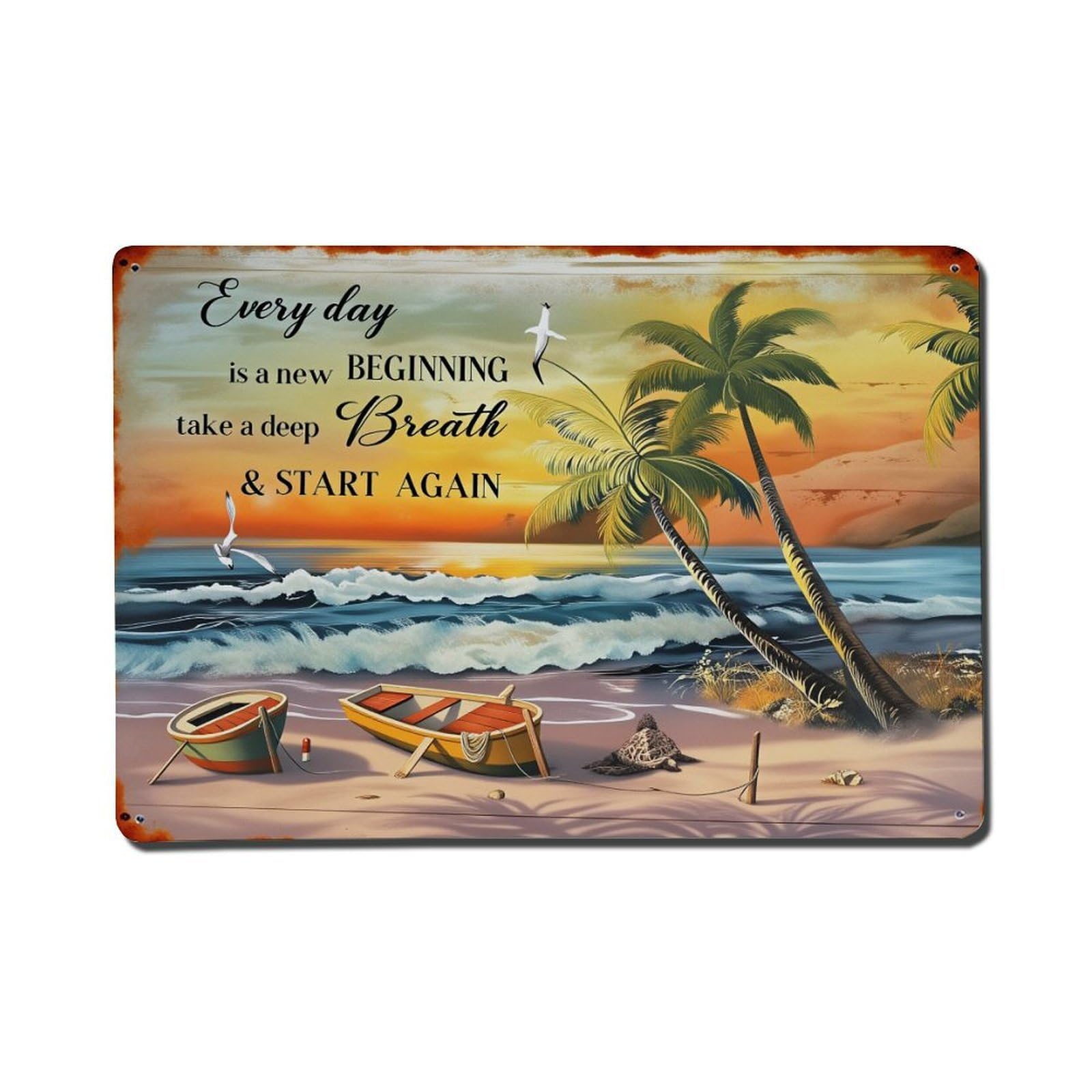 Tropical Beach Scene With Palm Trees And Boats Tin Sign Vintage Metal Poster, Home Bar Garage Man Cave Cafe Indoor & Outdoor Wall Decoration 8x12Inches