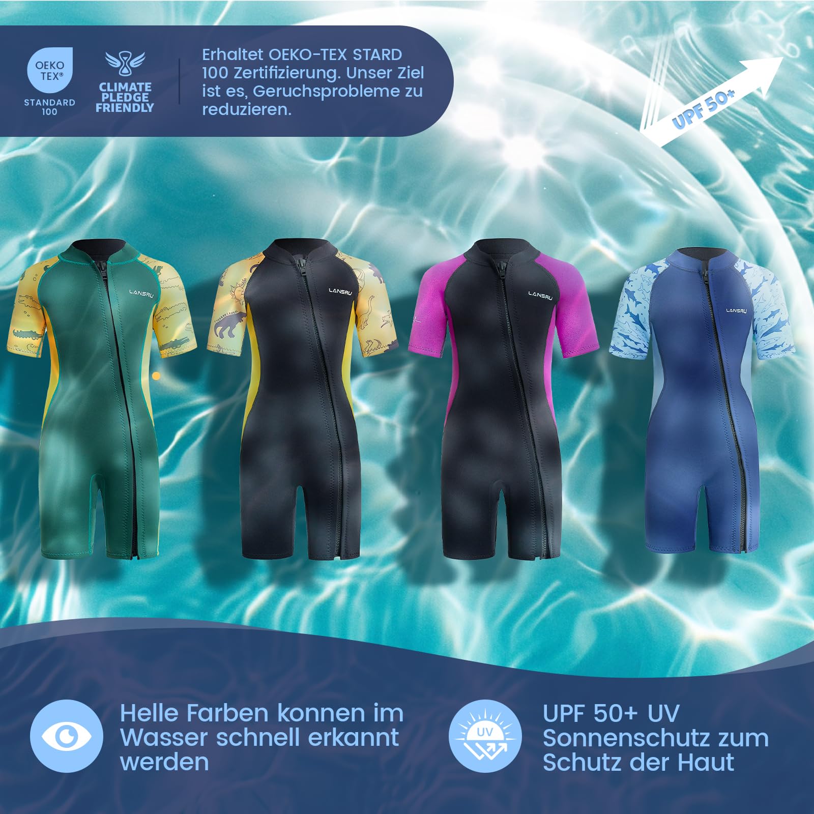 Combinaison courte en néoprène SCR pour enfants de 2 mm - Pour garçons et filles - Matériau plus sûr - Protection UV - Fermeture éclair à l'avant pour les cours de natation - Garde au chaud