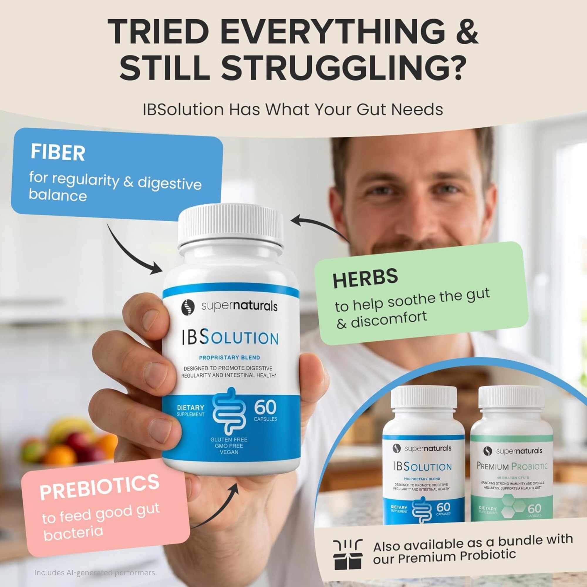 SuperNaturals IBSolution - Made in USA, Non-GMO, Gluten Free & Vegan (60 Capsules) - Digestive Gut Health Supplement With Psyllium Husk - Gas, Bloating, Diarrhea, Constipation Relief, Abdominal Pain — Amazon image 4