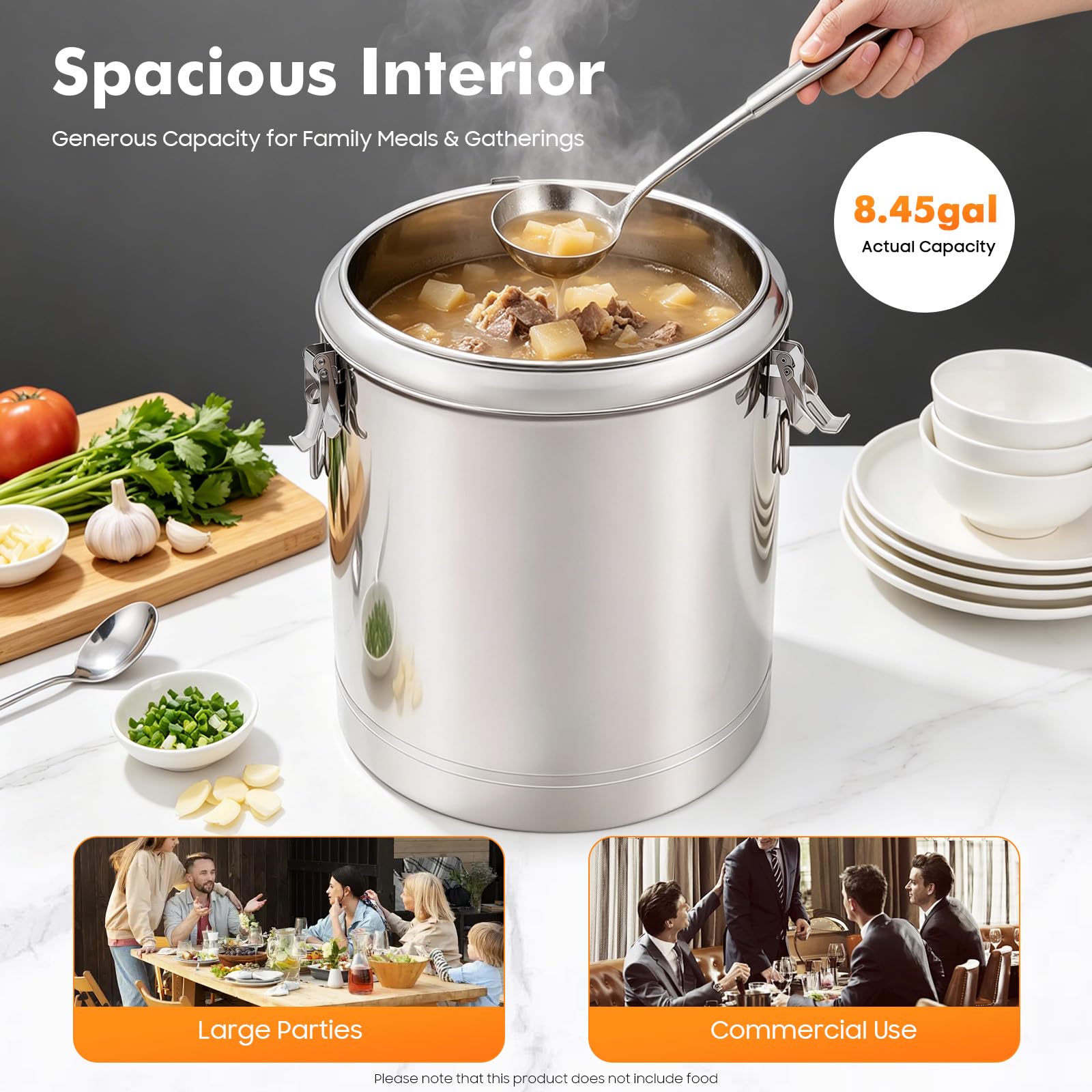 Scaldavivande in acciaio inox da 32 l, secchio isolato per gastronomia, contenitore termico con coperchio a prova di perdite e anelli per il trasporto, isolamento 8 ore, per bevande fredde e