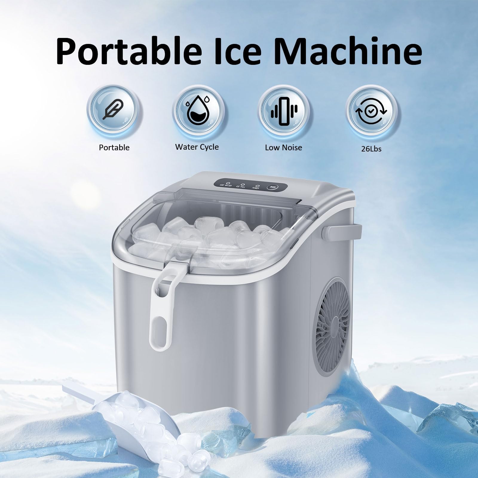 Antarctic Star Countertop Ice Maker Portable Ice Machine With Handle,Self-Cleaning Bullet Ice Makers, 26lbs/24h, 9 Ice Cubes Ready In 6 Mins For Home Kitchen Bar Party (Grey) on Fridge.com - View 2