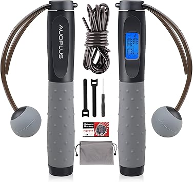 Amazon Auoplus なわとび トレーニング用 大人用 子供用 学生用 デジタルカウンター付き ベアリング 重り付き デュアルセンサー付き 長さ調整可能 フィットネス エクササイズ シェイプアップ ダイエット エア縄跳び ジャンプロープ 室内用 縄跳び グレー ブラック