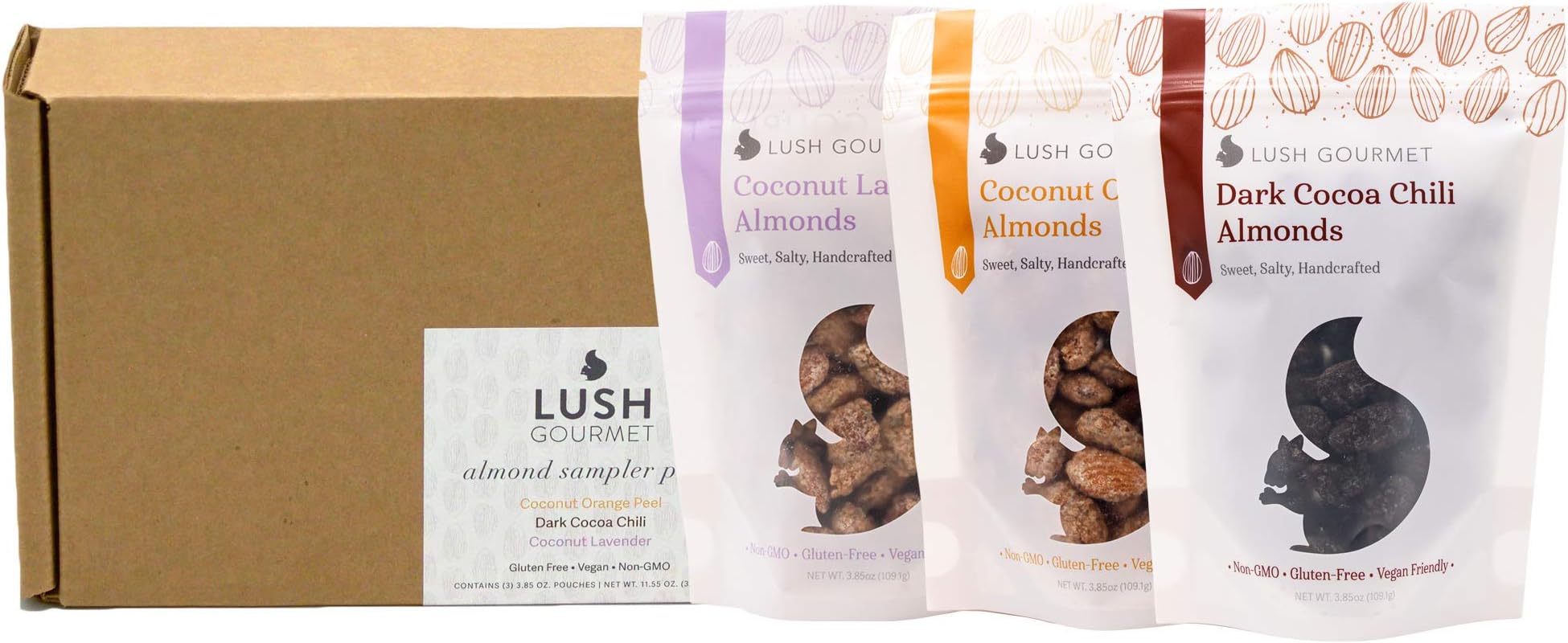 Lush Gourmet Almonds Sampler Gift Set - Coconut Lavender, Coconut Orange Peel, Dark Cocoa Chili - Salted Almonds - Healthy Snacks Free of Cholesterol & Gluten - Vegan Almond Treats - Pack of 3, 3.8 oz