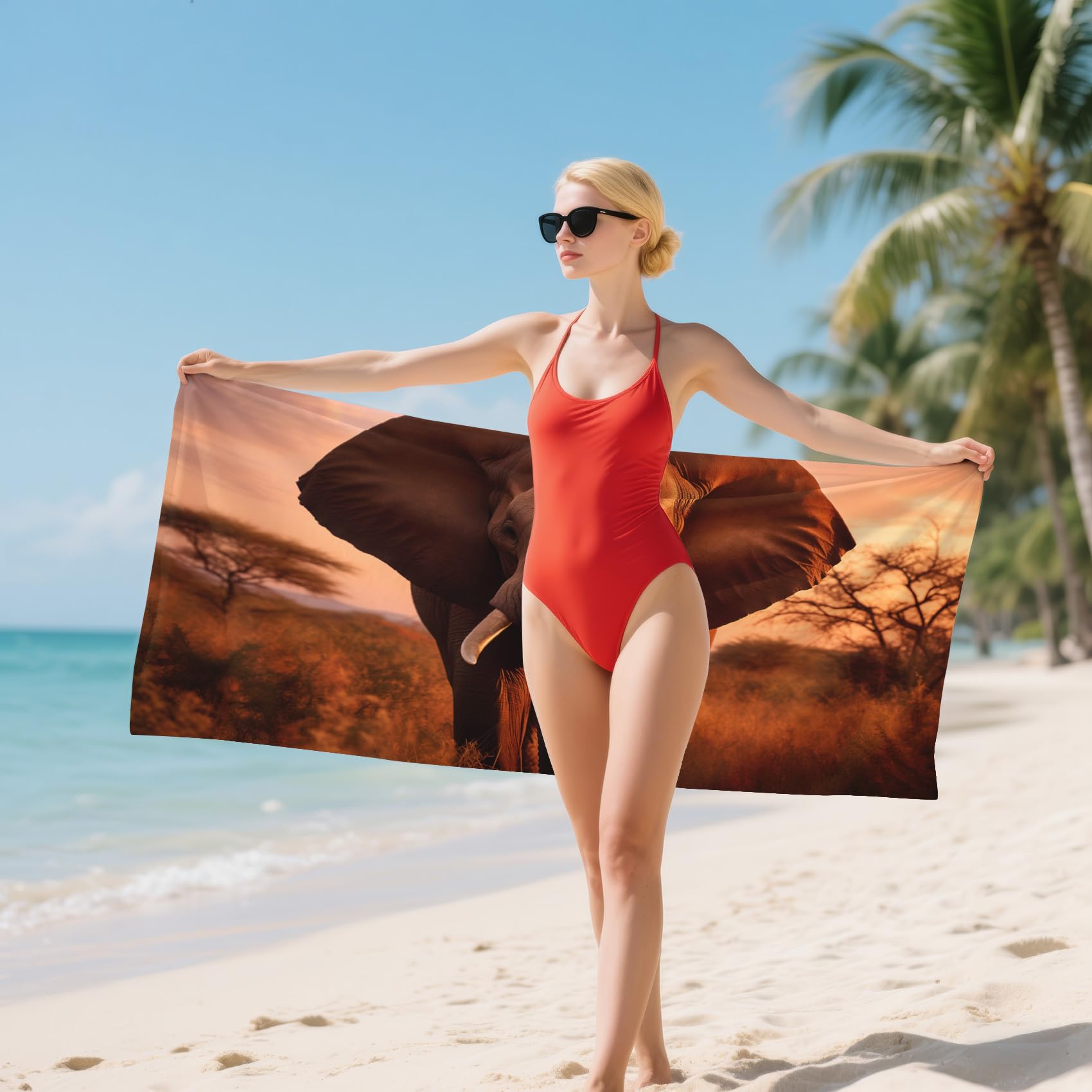 Serviette de Plage XXL Microfibre éléphant Animaux Africains, Drap de Plage Séchage Rapide Anti Sable & Légère, Serviette de Bain Grande Taille 150x200 cm, Accessoire & Cadeau été