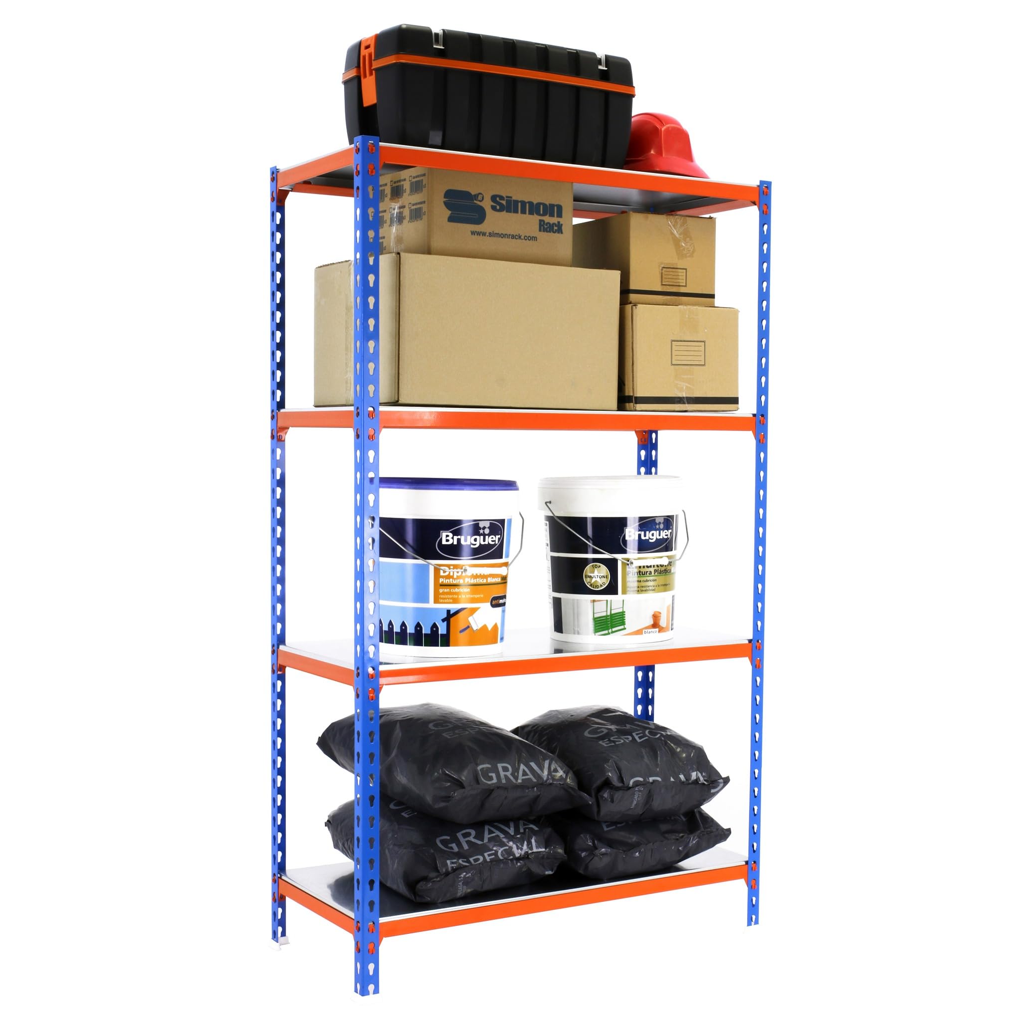 Simon Rack Estanterias Metalicas, 1500x1100x400 mm, 4 Baldas de Metal, 200 kg de Punto Flexión, Estanterias Almacenaje, Azul/Naranja/Galva - Simonclick