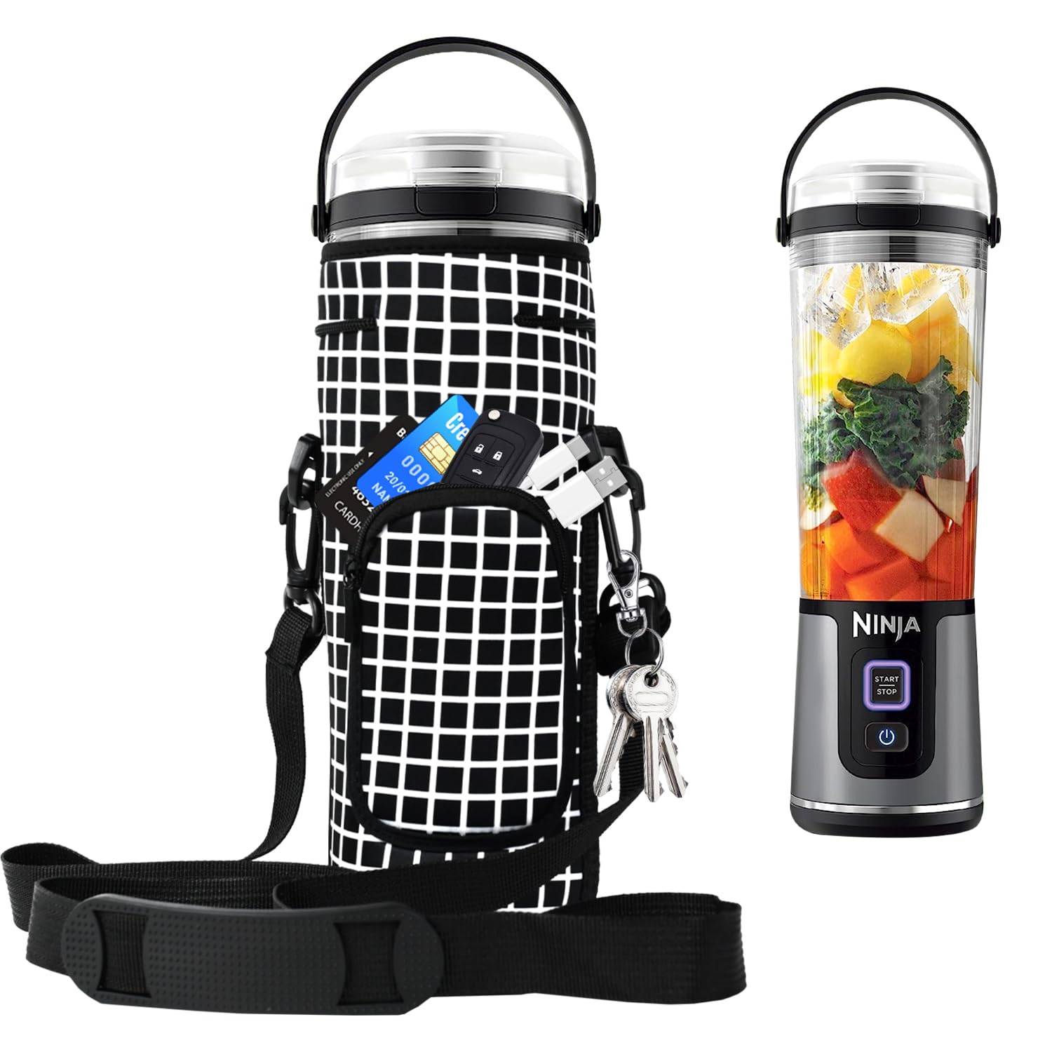 Portable Blender Storage Bag Case with Shoulder Strap for Ninja BC151EUBK/BC151EUNV/BC151EUCR/BC151EUEM/BC151EUPR/BC151EUWH Blast Wireless Blender, Portable 530ml (Black Check)