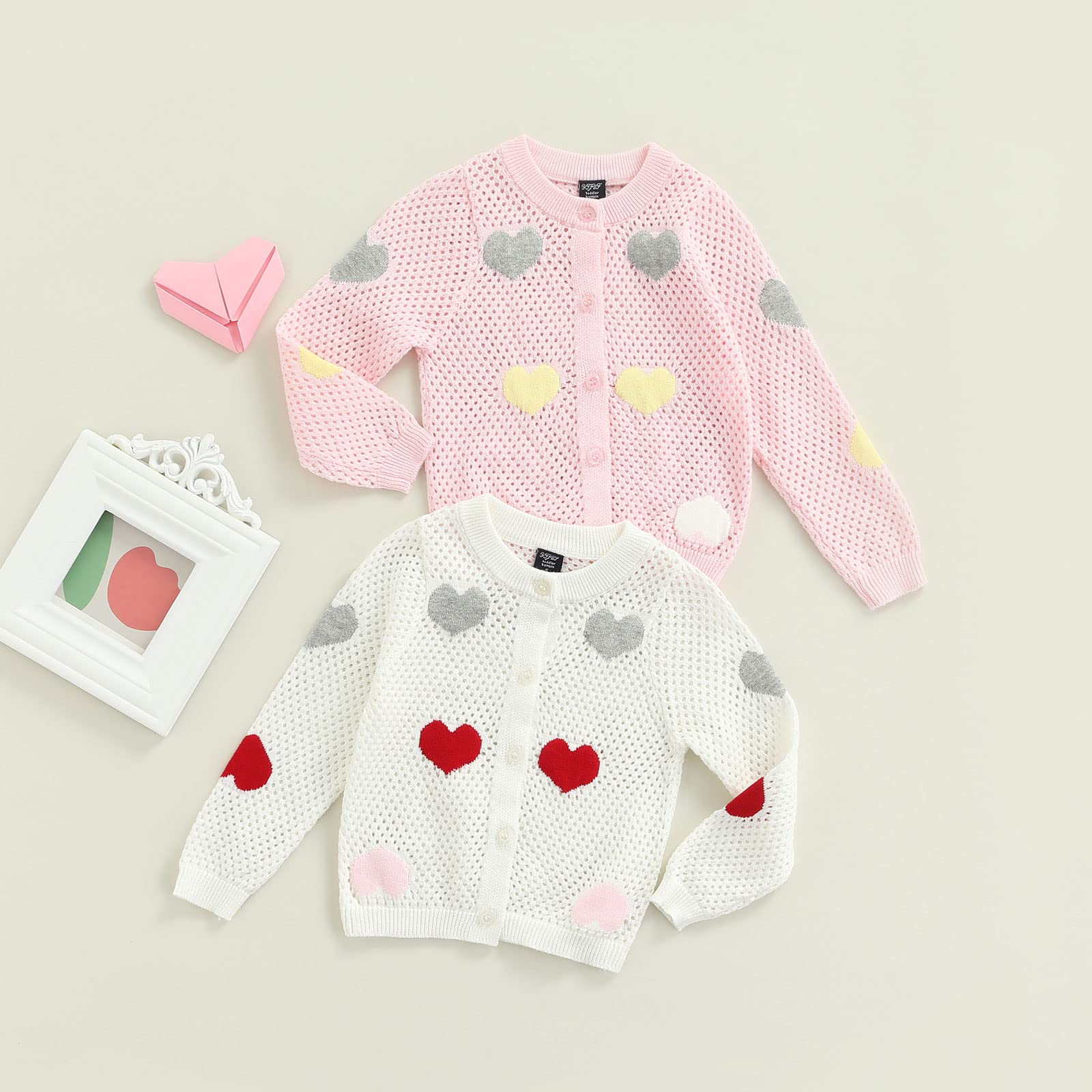 Newborn Baby Girls Heart Sweater Button Knitted Sweater Cardigan Infant Fall Cardigan Jackets Valentines Day Clothes (Heart Pink, 8-9 Years)