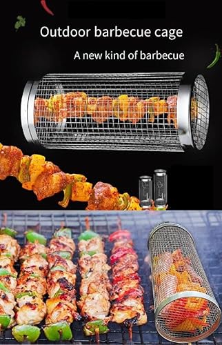 Miniatura 5 de 2 cestas enrollables para parrilla al aire libre, tubo de red de barbacoa, acero inoxidable, gran rotación de malla redonda, jaula cilíndrica,