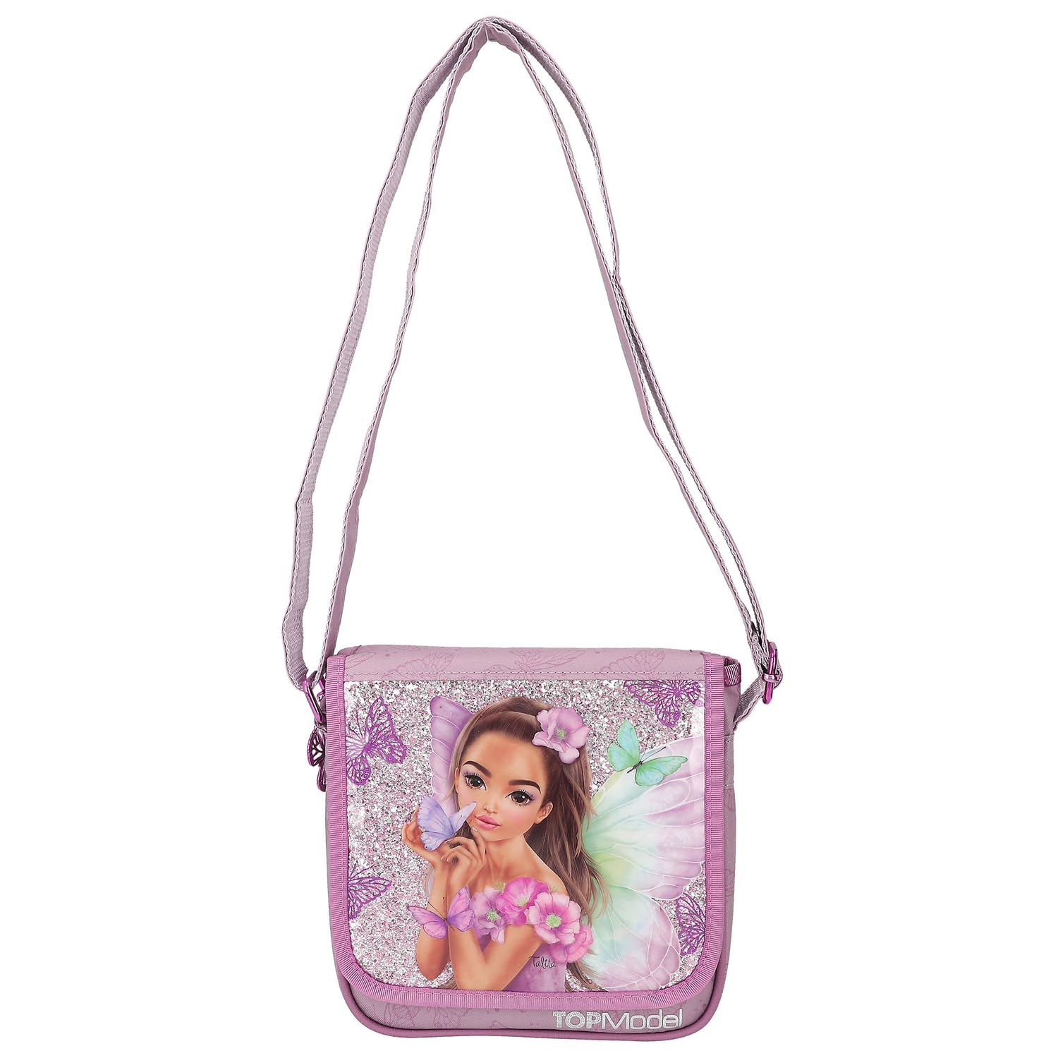 Depesche 12778 TOPModel Fairy Love - mała torba na ramię w kolorze Mauve z motywem modelki i motylami, torba z regulowanym paskiem na ramię i klapą z przodu