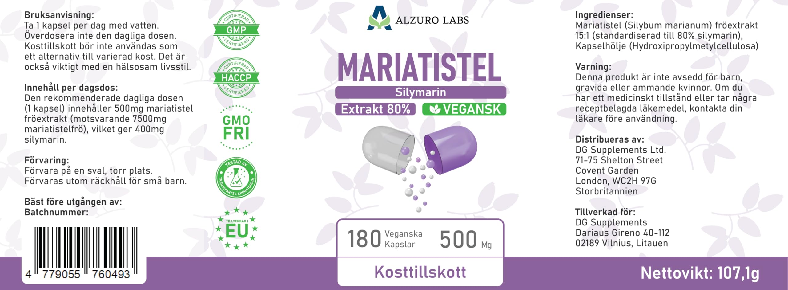 Milk Thistle | 6 000 mg Équivalent | Extrait 15:1 500 mg (80% Silymarine) | 180 Gélules Végétales | Chardon-Marie – Silybum marianum | GMP & Testé en Laboratoire Indépendant