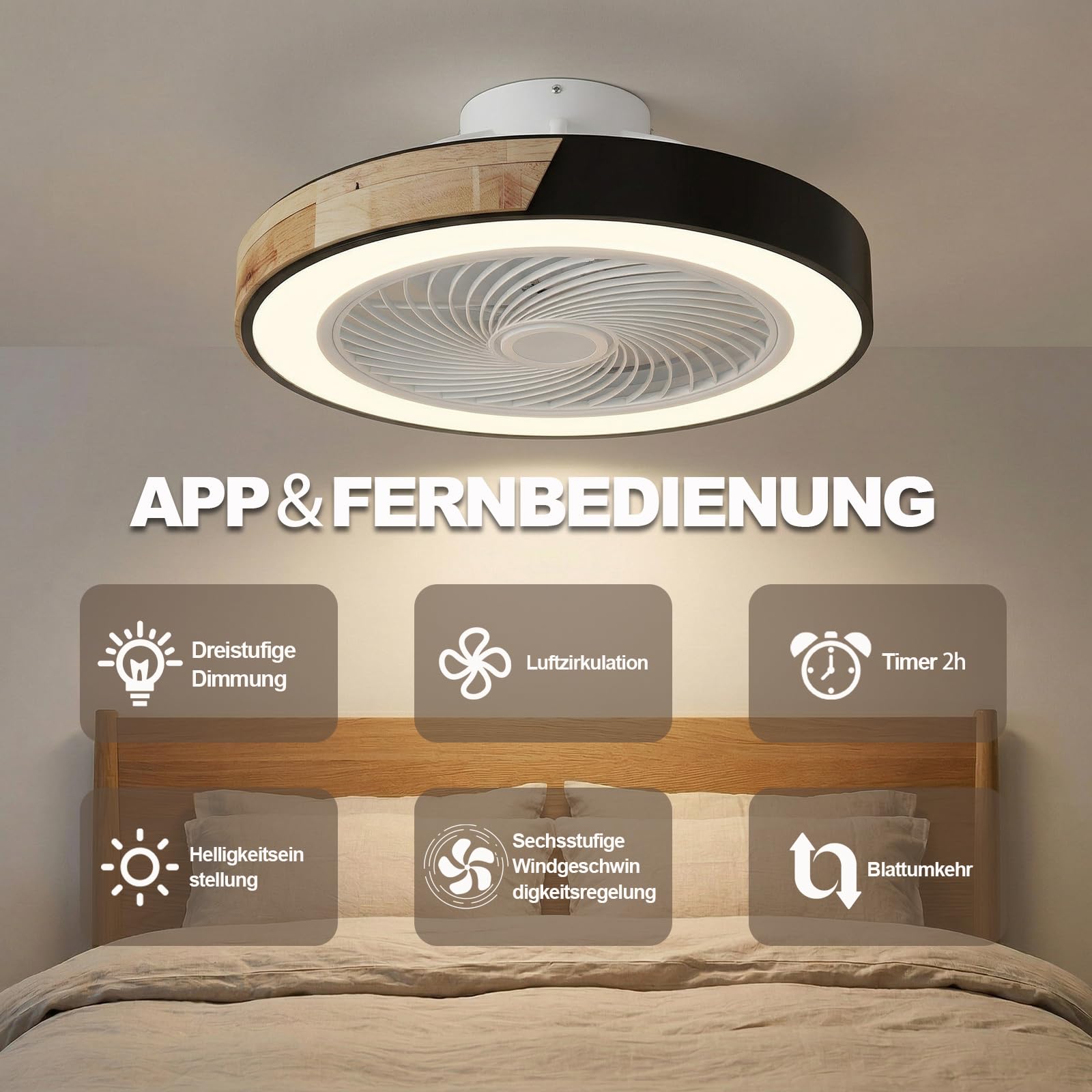 DATO Deckenventilator mit Beleuchtung, 3 Farbtemperatur und 6 Geschwindigkeiten LED-Deckenventilator mit Lampe Leise Dimmbar (A)