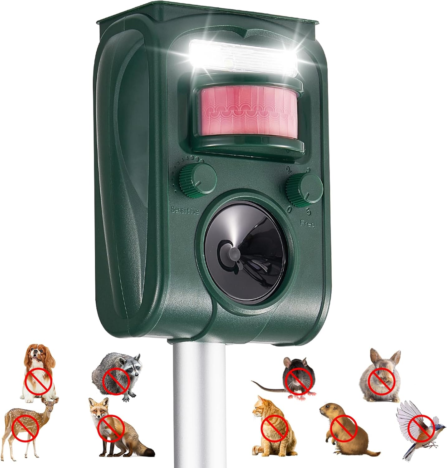 Upgraded Solar Ultrasonic Squirrel Deer Repellent Devices Motion Detection 5 Adjustable Modes, Cat Raccoon Rabbit Dog Deterrent, Animal Repellent with Waterproof for Yard, 1P Dark Green