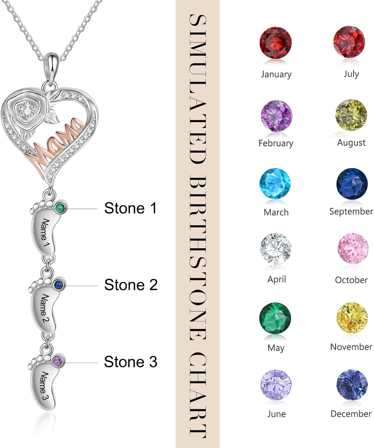 kaululu Personalized Feet Birthstone Necklace with 1-5 Names Custom Mama Pendant Mother's Day Jewelry Gifts for Women Mom Grandma